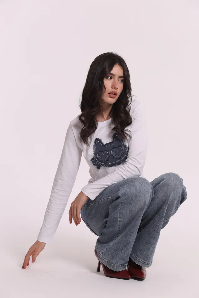 Mimi Mua T-Shirt Maniche Lunghe Gatto Denim Nera Cotone