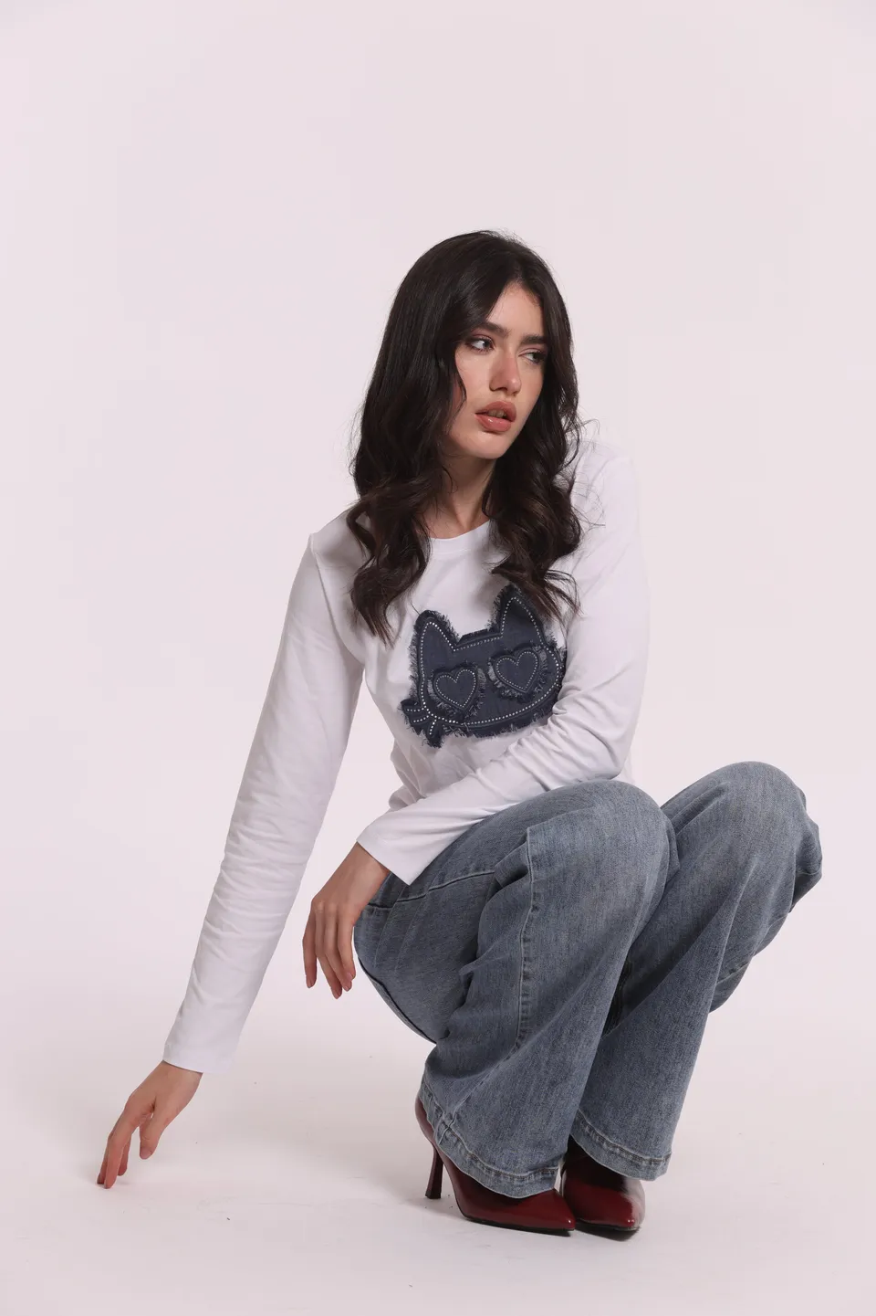 Mimi Mua T-Shirt Maniche Lunghe Gatto Denim Nera Cotone