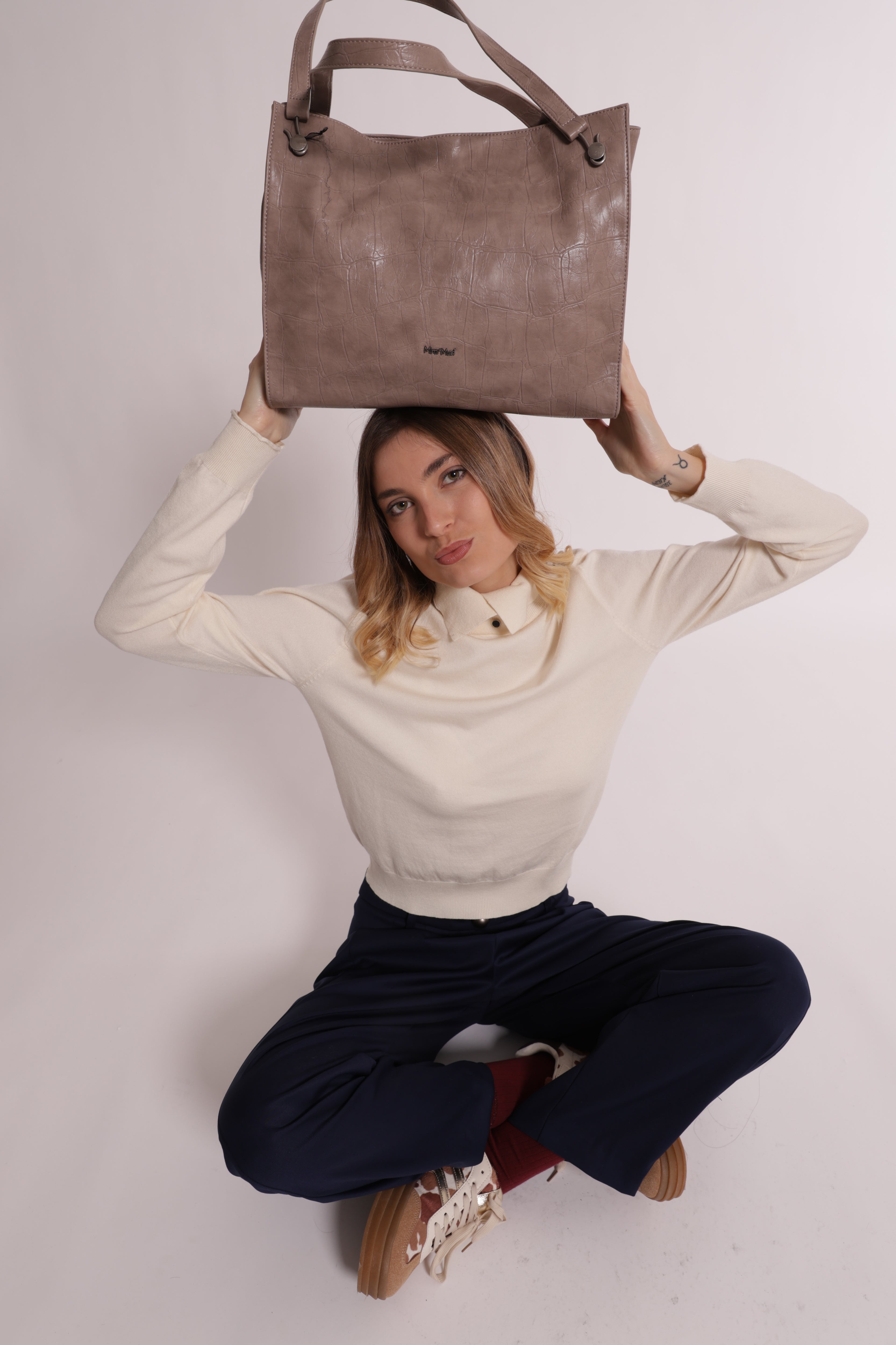 Mimi Mua Borsa Shopping Effetto Cocco Nero 36 cm