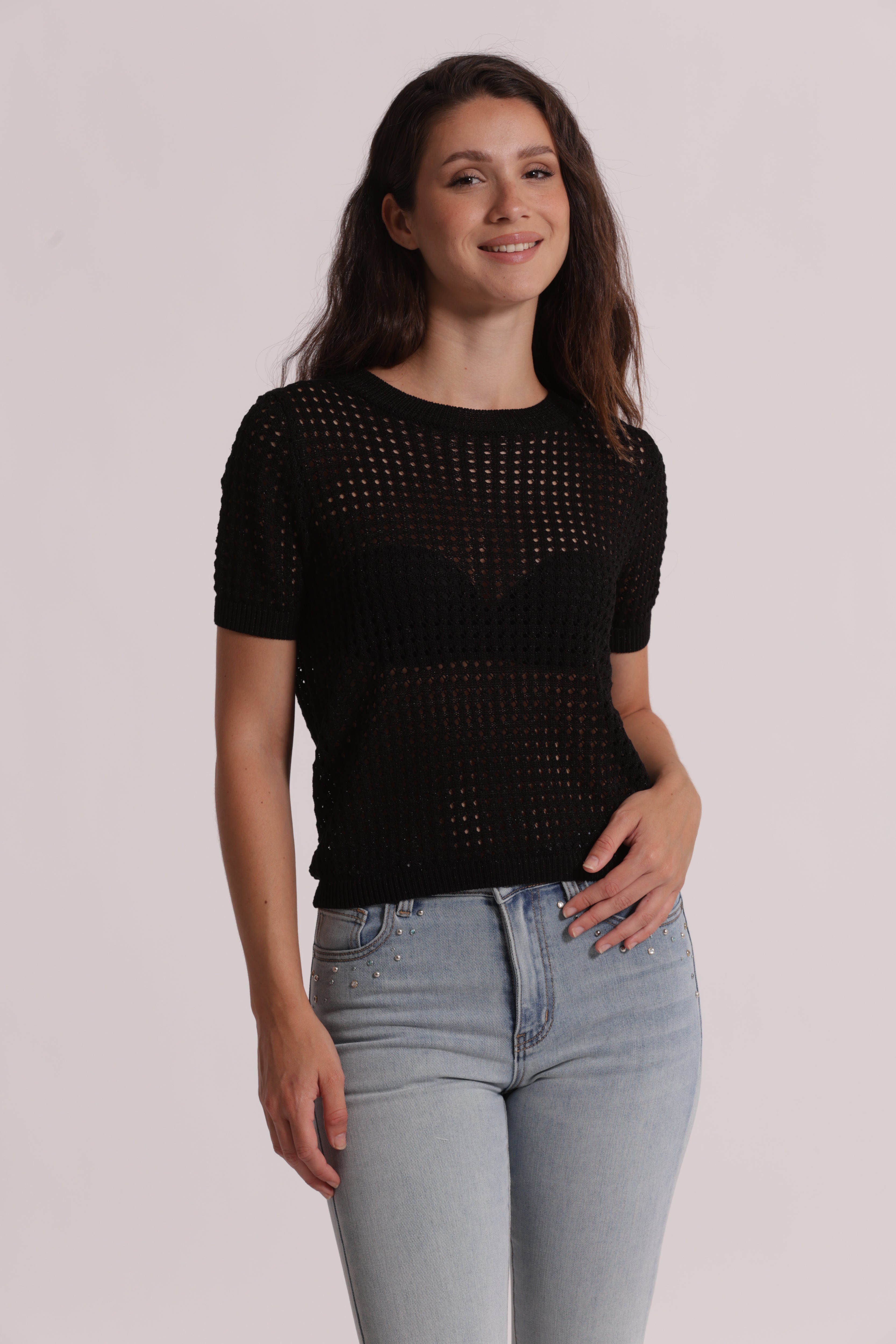 Mimi Mua Maglia Traforata Maniche Corte Nero Viscosa