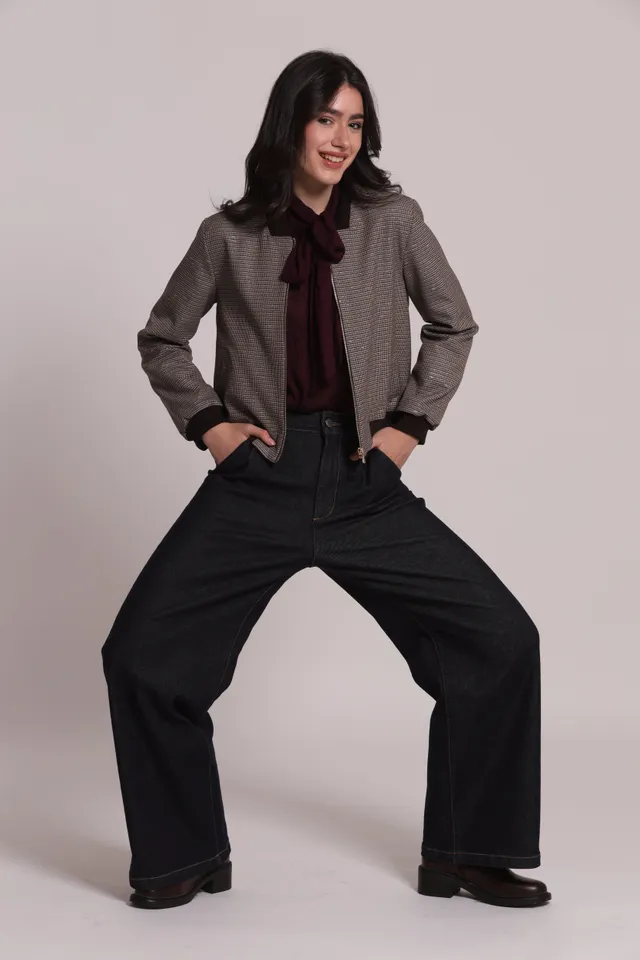 Mimi Mua Giacca Bomber Zip Pied de Poule Lurex Bordeaux/Beige