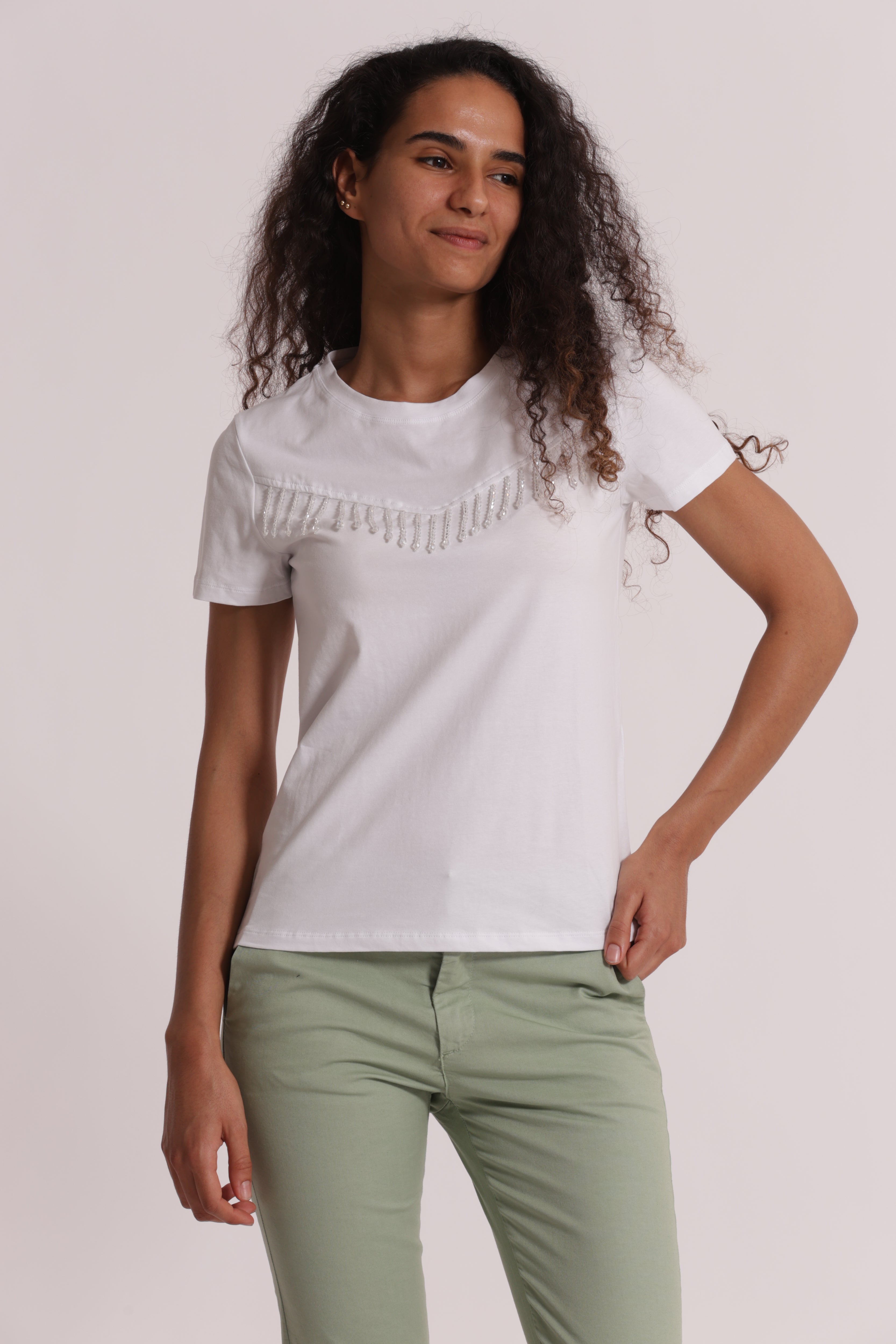 Mimi Mua T-Shirt Frange Perline Bianco
