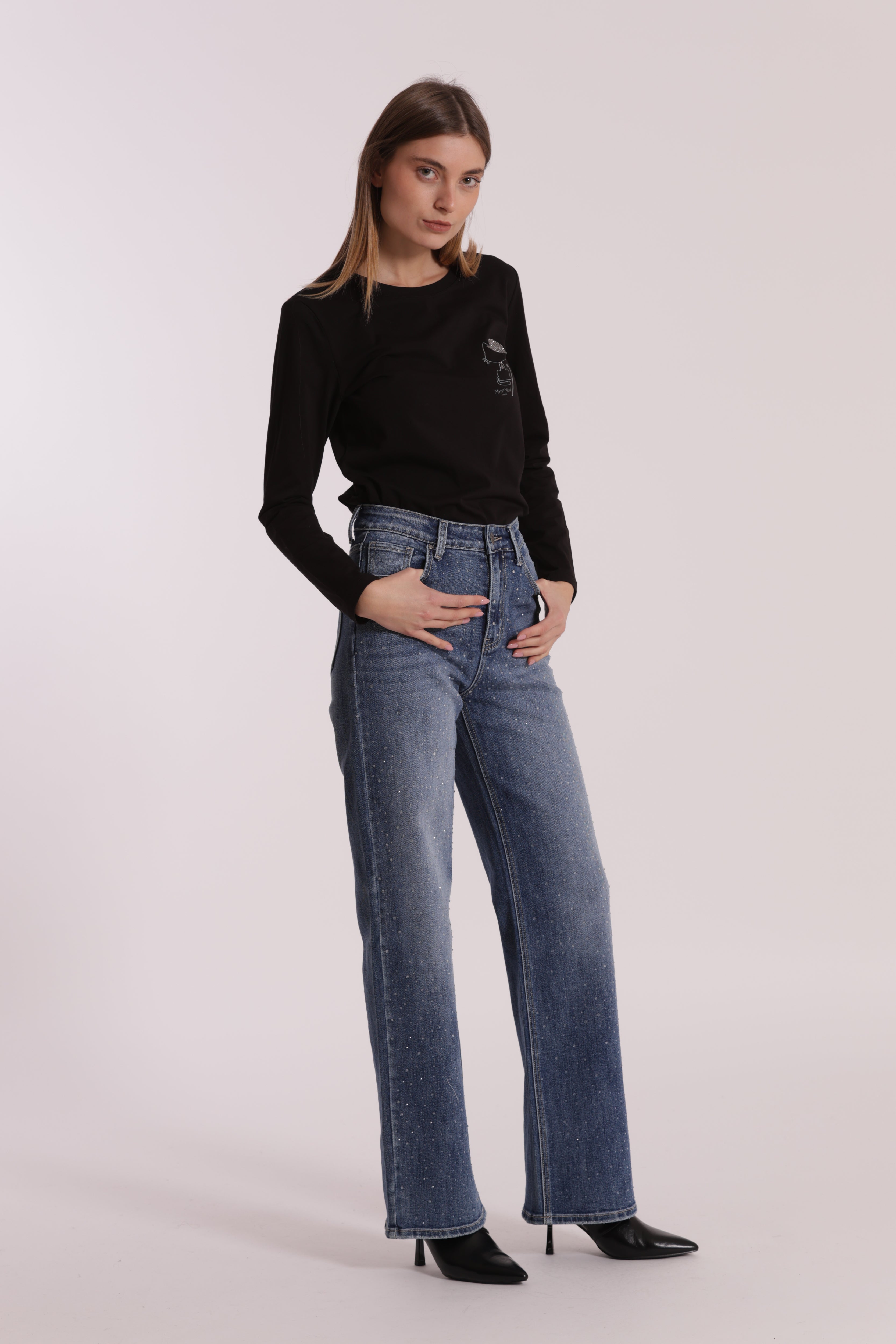 Mimi Mua Jeans Wide Leg Strass Blu Medio