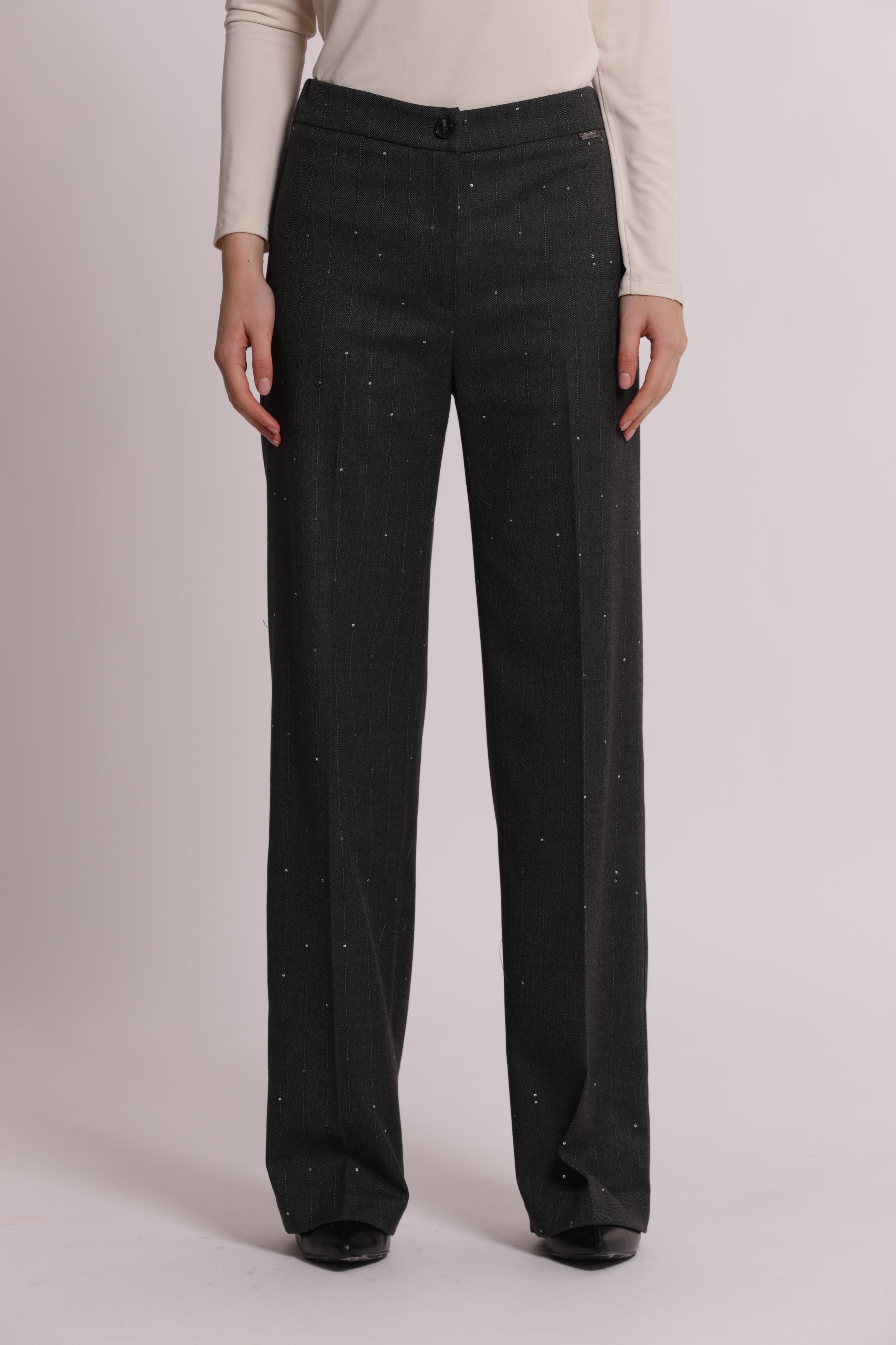 Mimi Mua Pantalone Dritto Gessato Paillettes Piombo