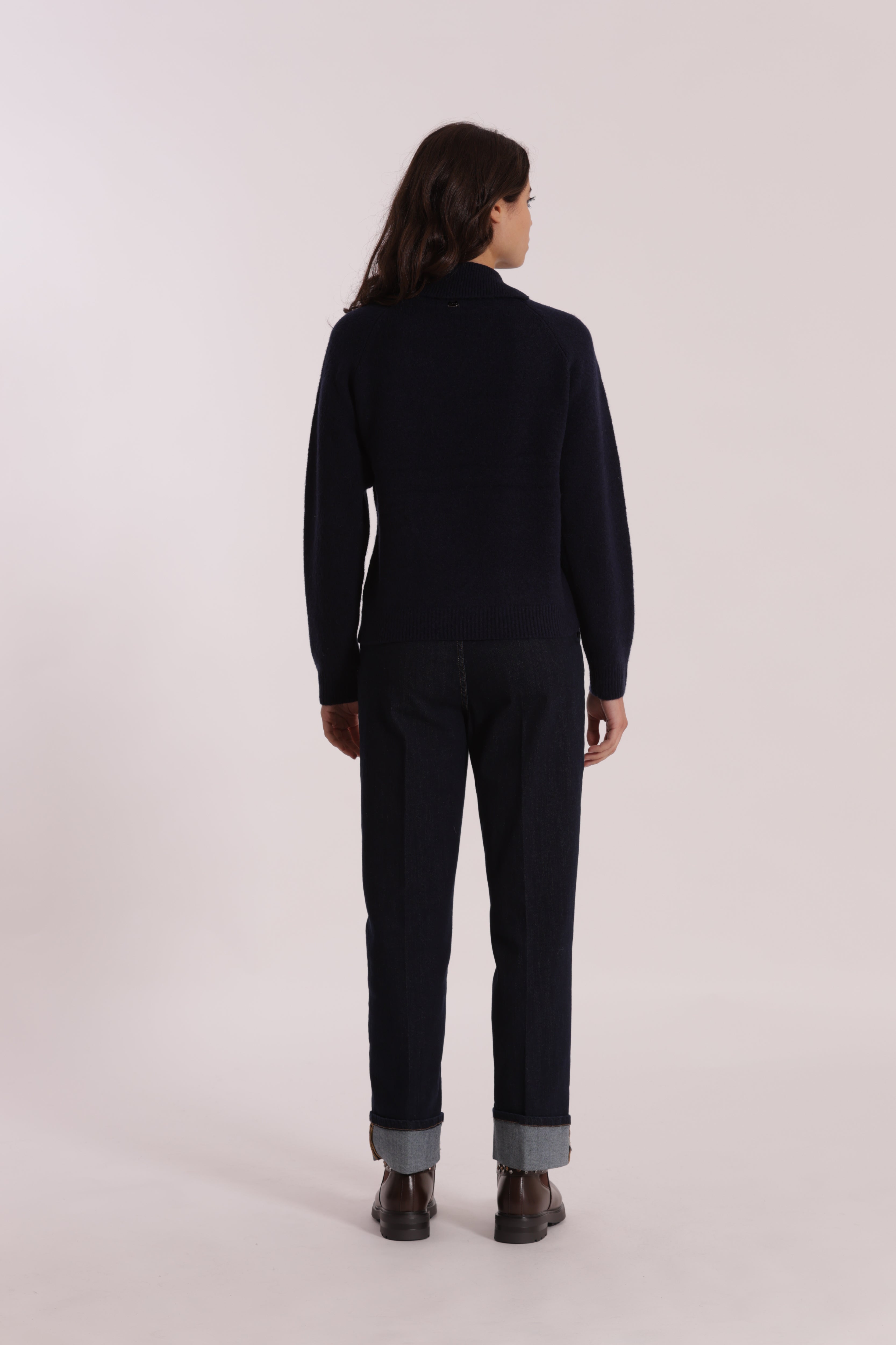 Mimi Mua Jeans Wide Leg Risvolto Blu Scuro Denim