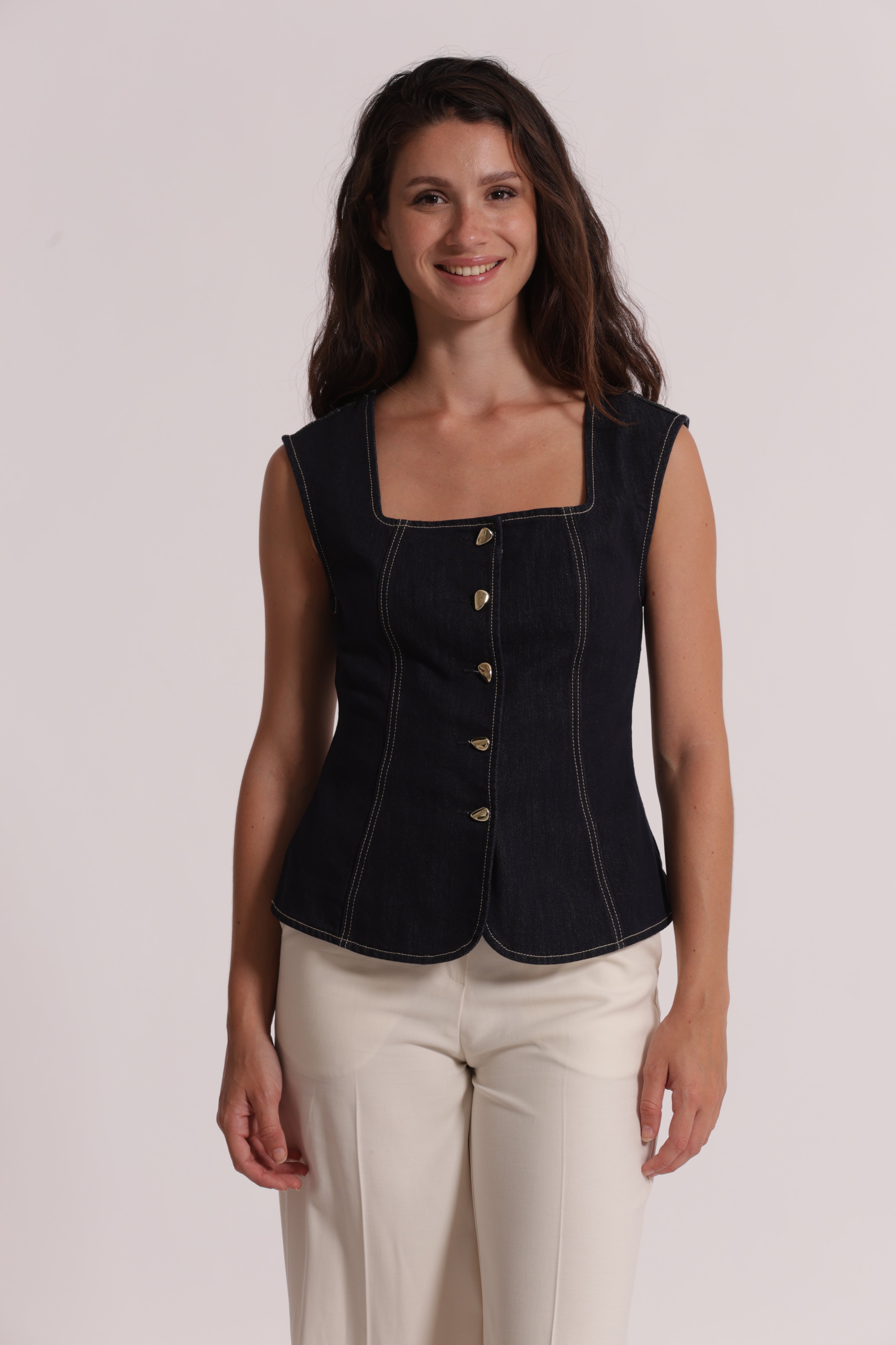 Mimi Mua Gilet in Denim con Bottoni Oro blu scuro