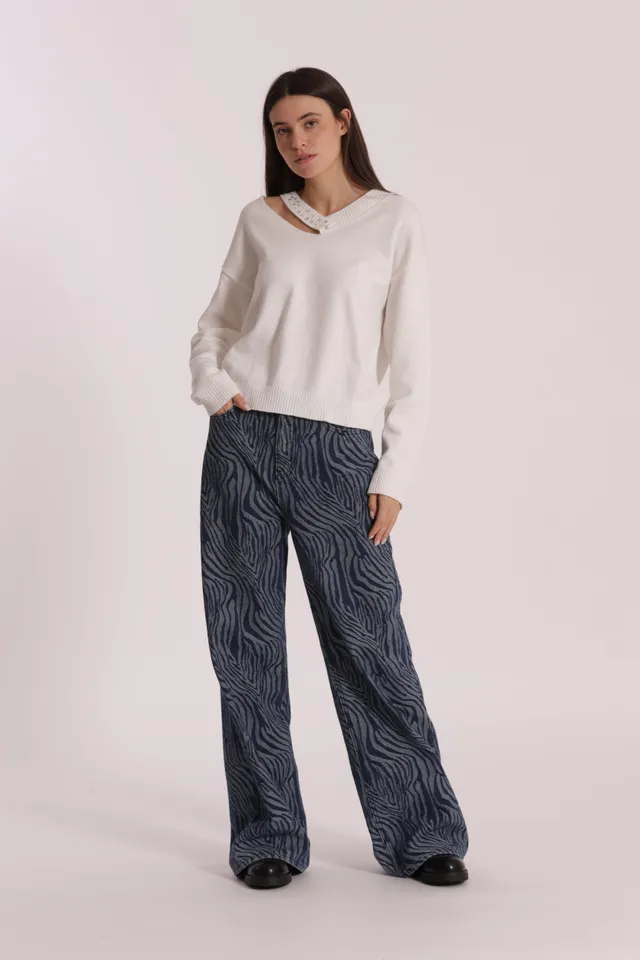 Mimi Mua Jeans Palazzo Jacquard Animalier Blu Scuro