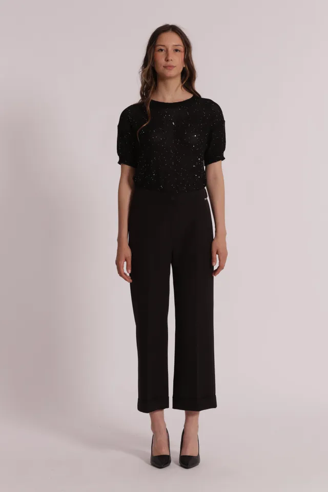 Mimi Mua pantaloni con risvolto neri elasticizzati