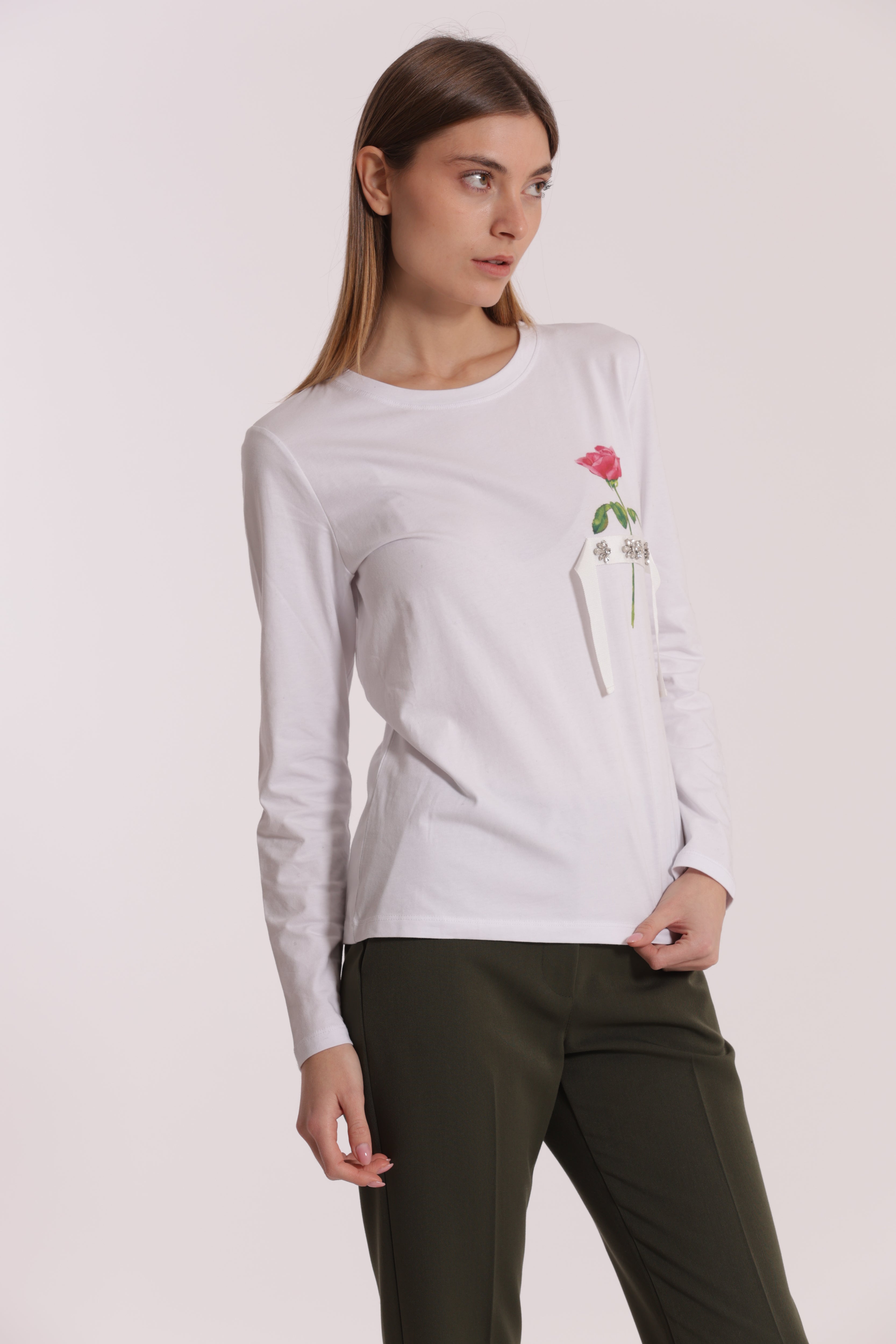 Mimi Mua t-shirt con rosa cotone bianco