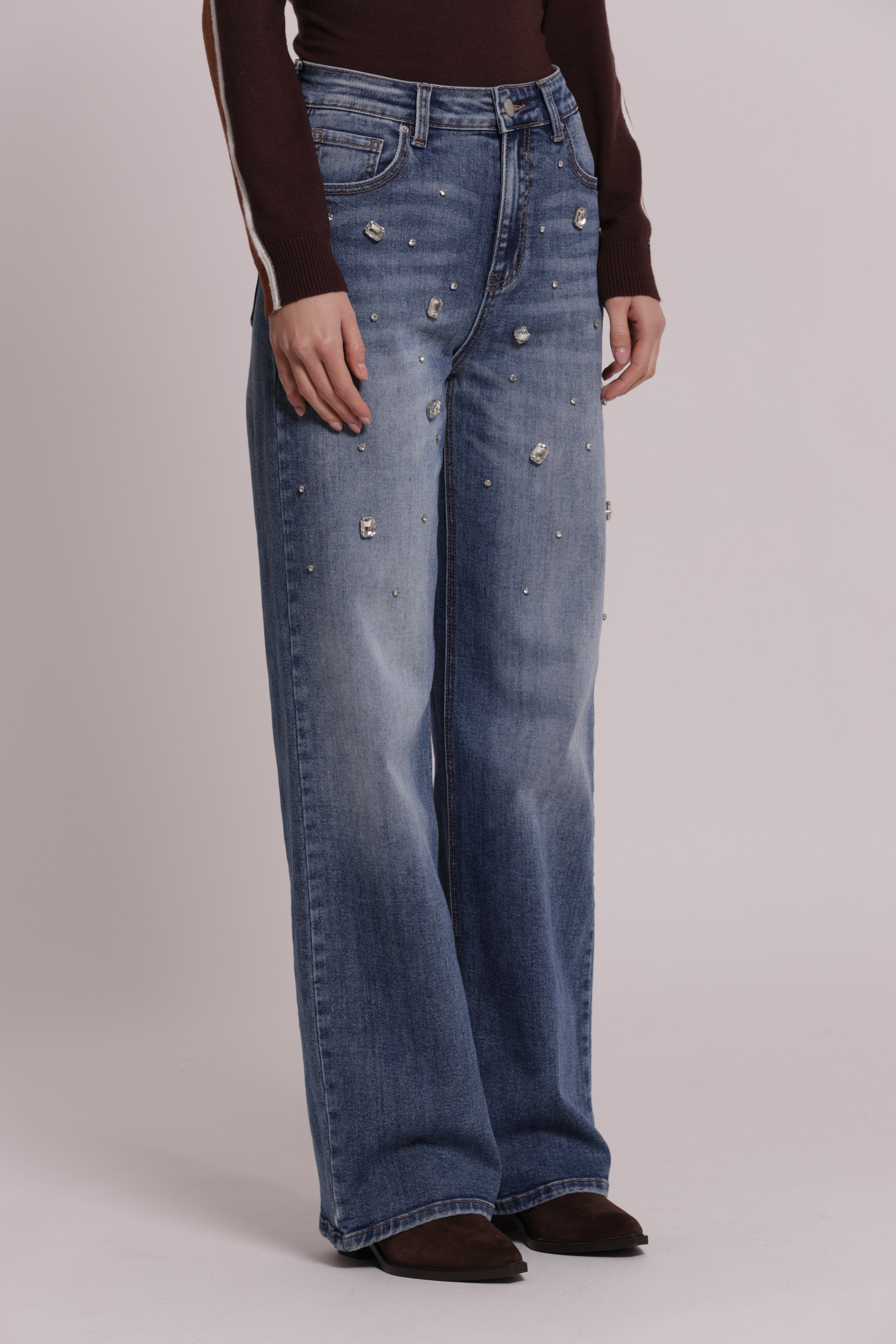 Mimi Mua Wide Leg Castoni Gioiello Jeans Nero denim