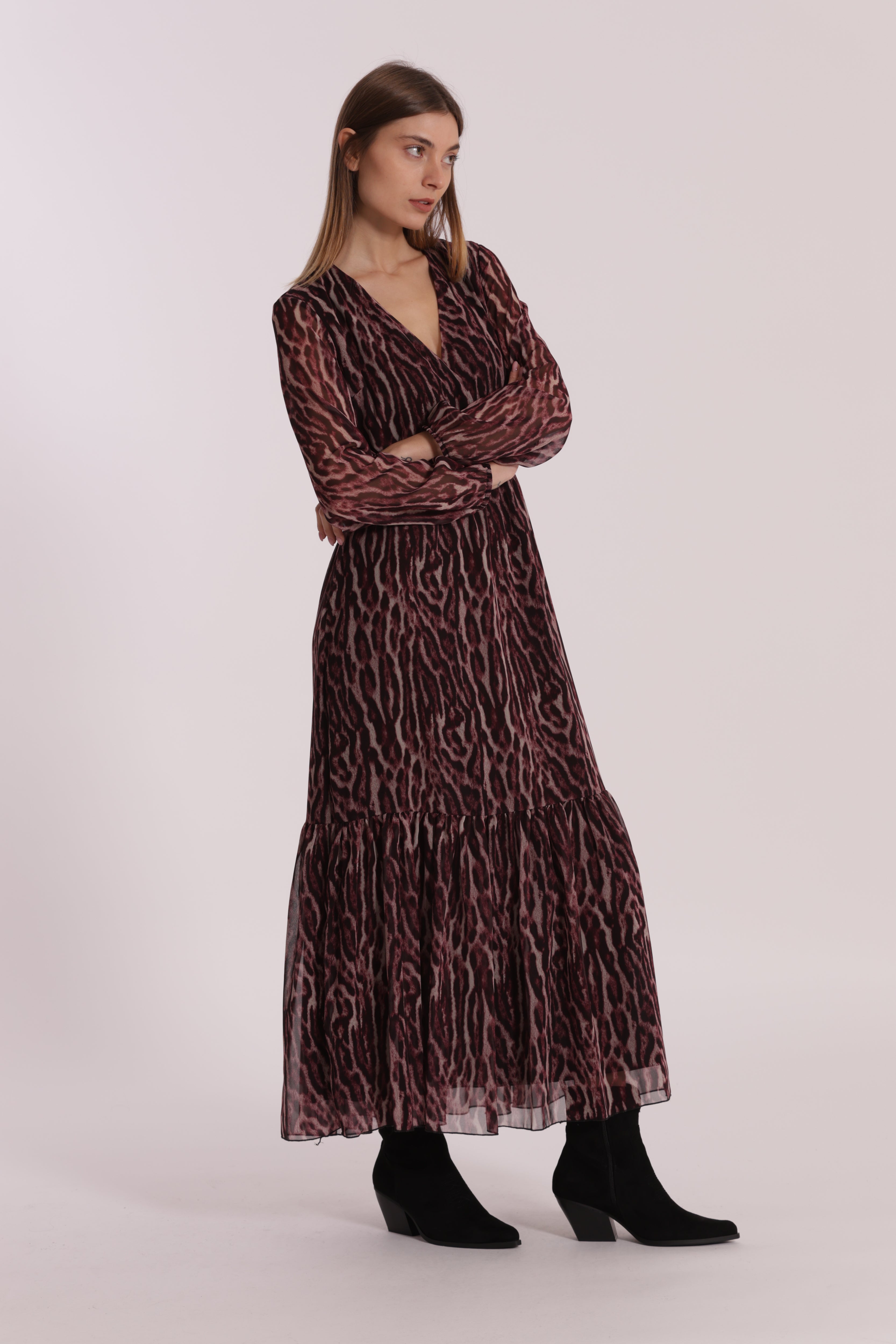 Mimi Mua Fantasia Animalier abito lungo burgundy fluido
