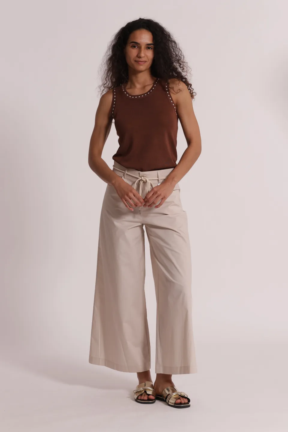 Mimi Mua Pantaloni Cordino Vita 100% Cotone Beige