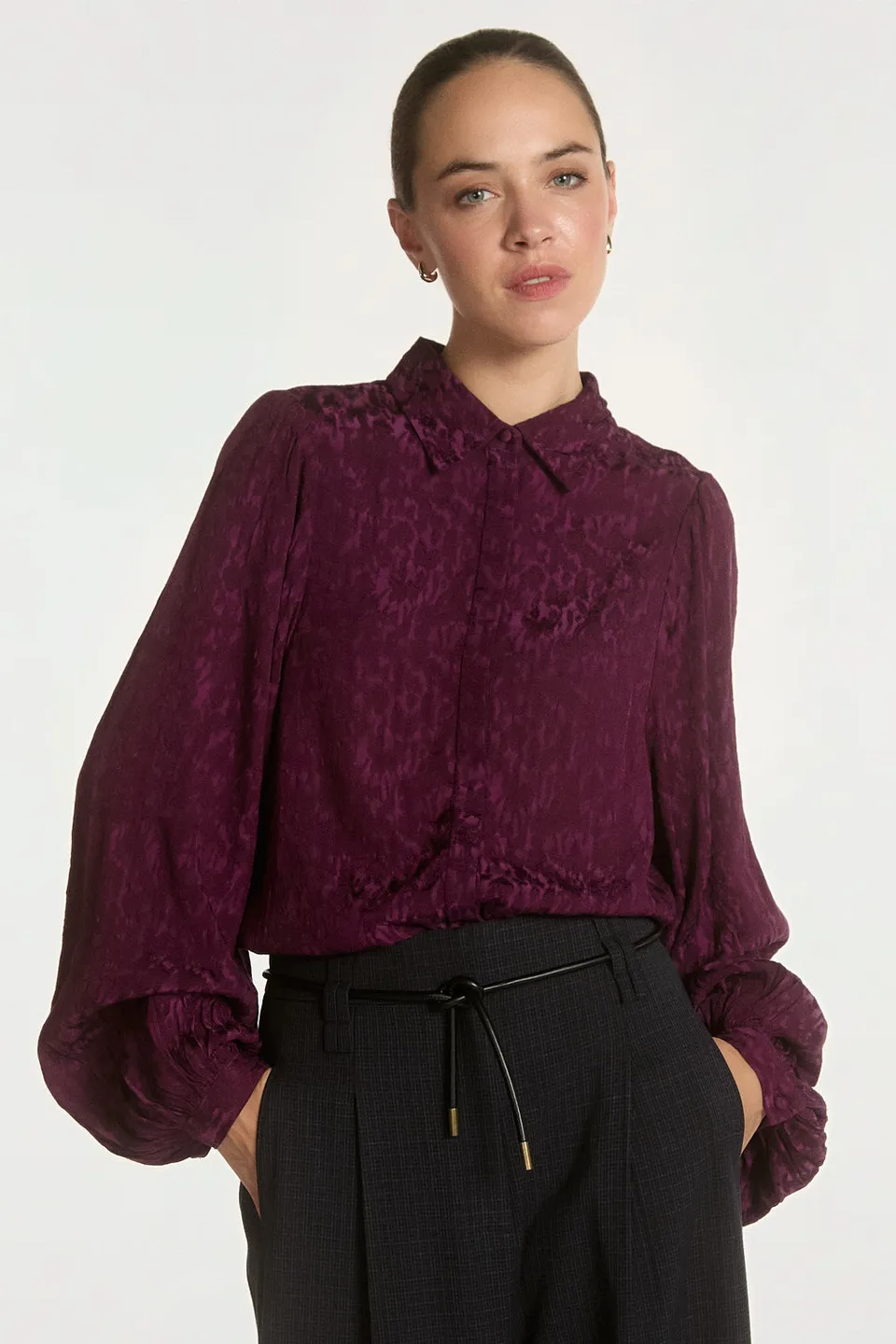 Aaiko Rose camicia prugna jacquard maniche palloncino