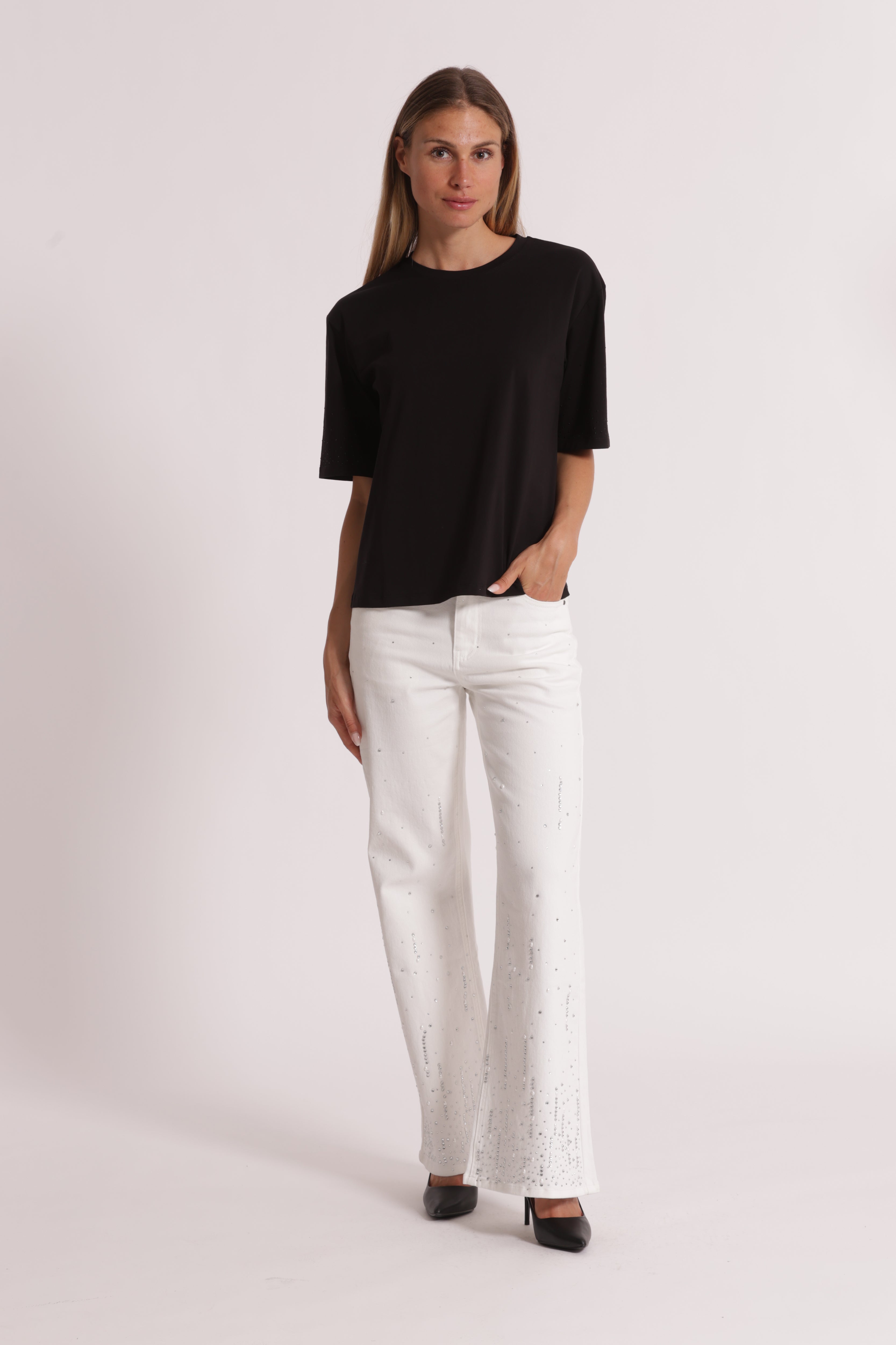 Mimi Mua jeans pioggia di strass jeans bianco denim
