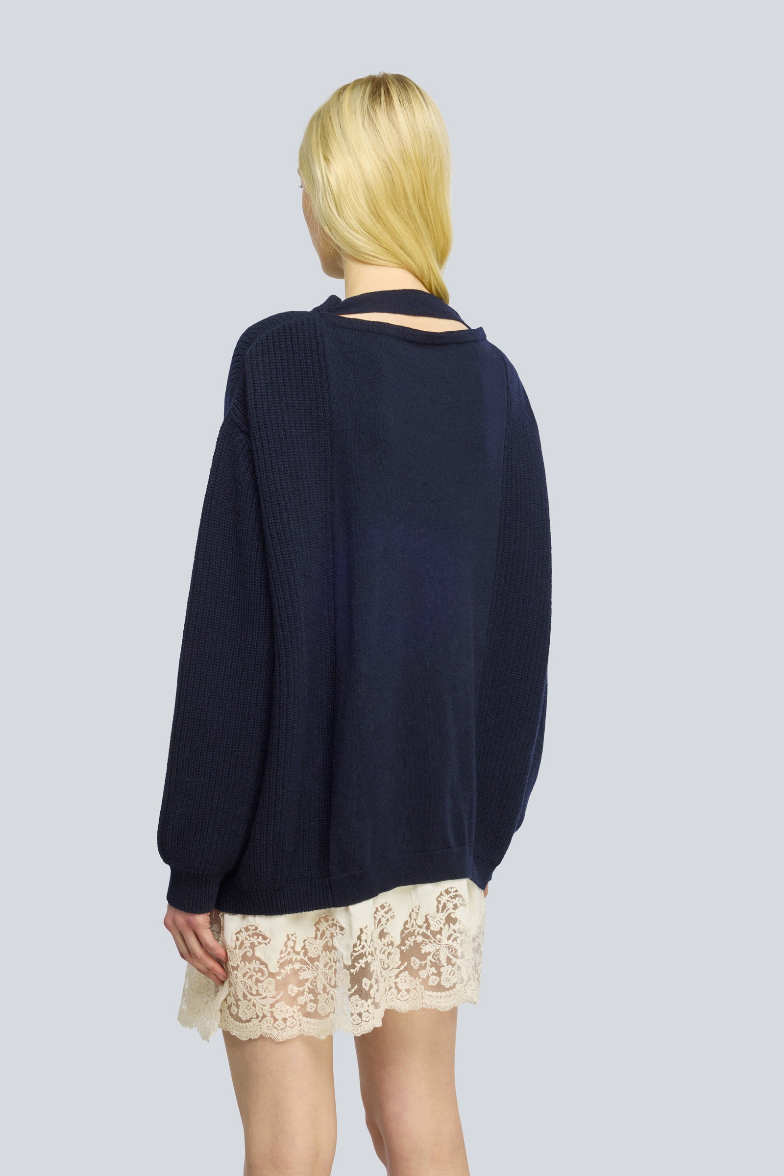 Semicouture Magnolia maglia lana merinos pizzo blu burro