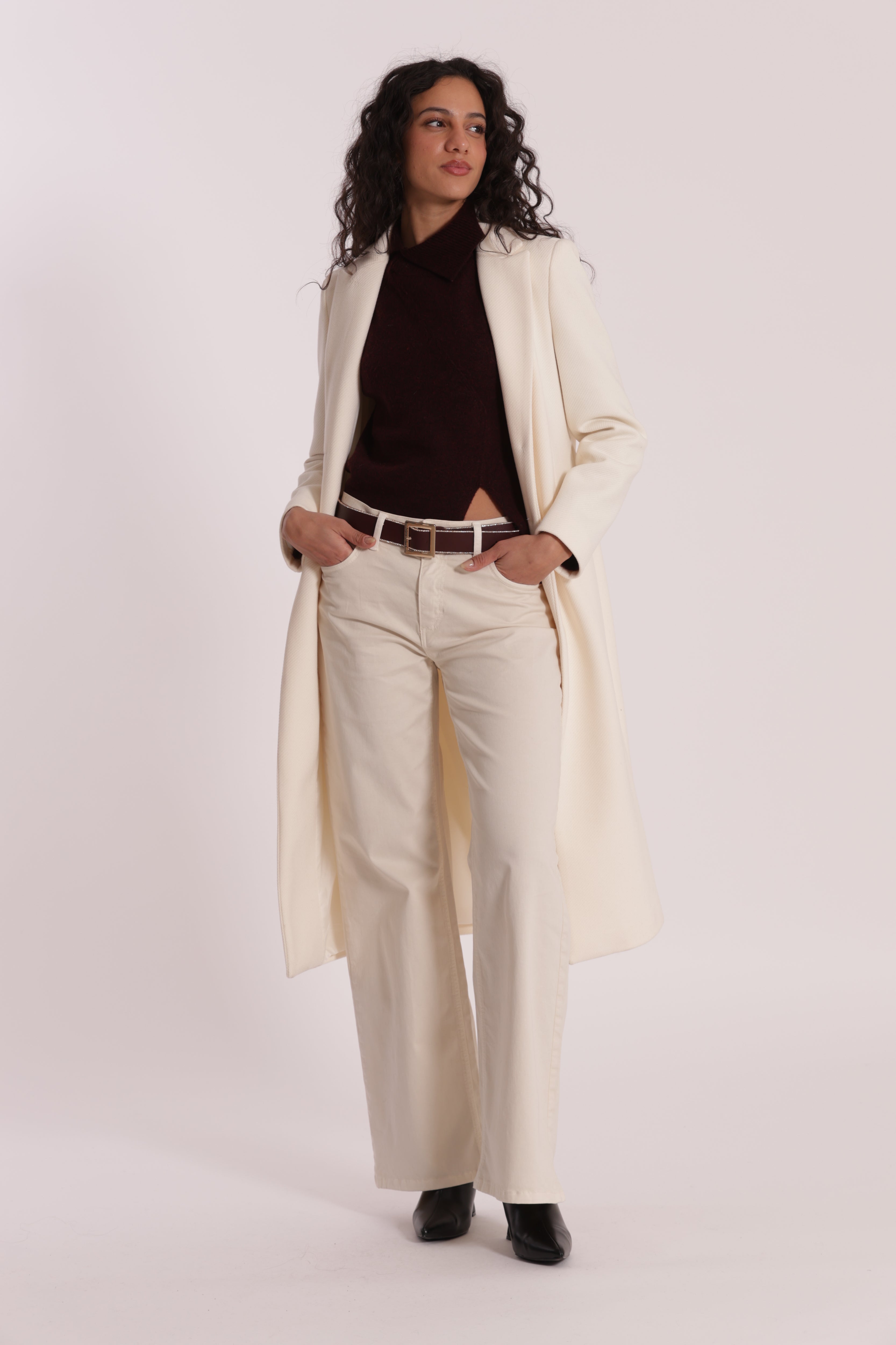 Mimi Mua Pantalone Dritto Tasca Quadrata Burro Gabardina