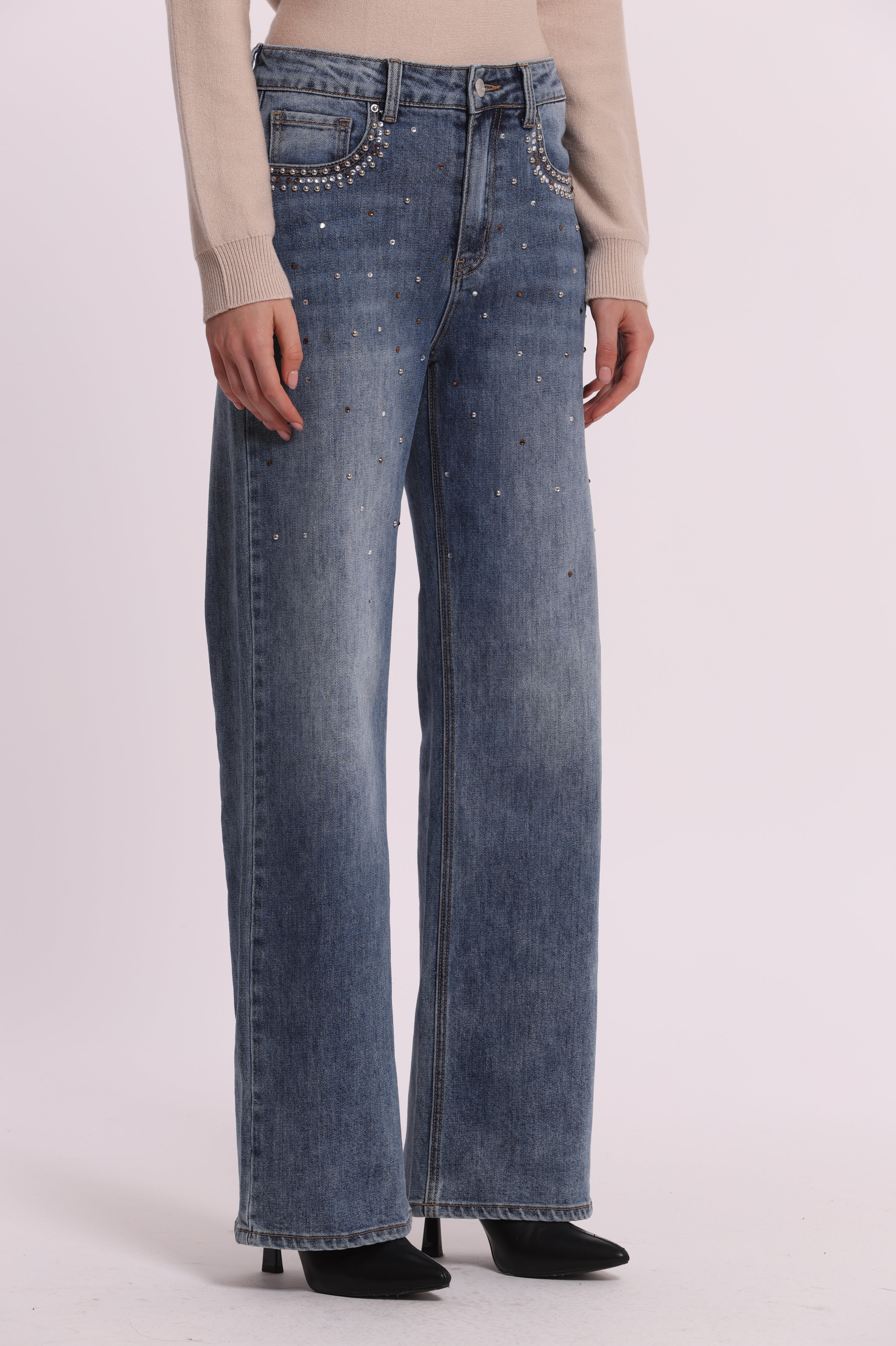 Mimi Mua jeans wide leg borchie e strass nero