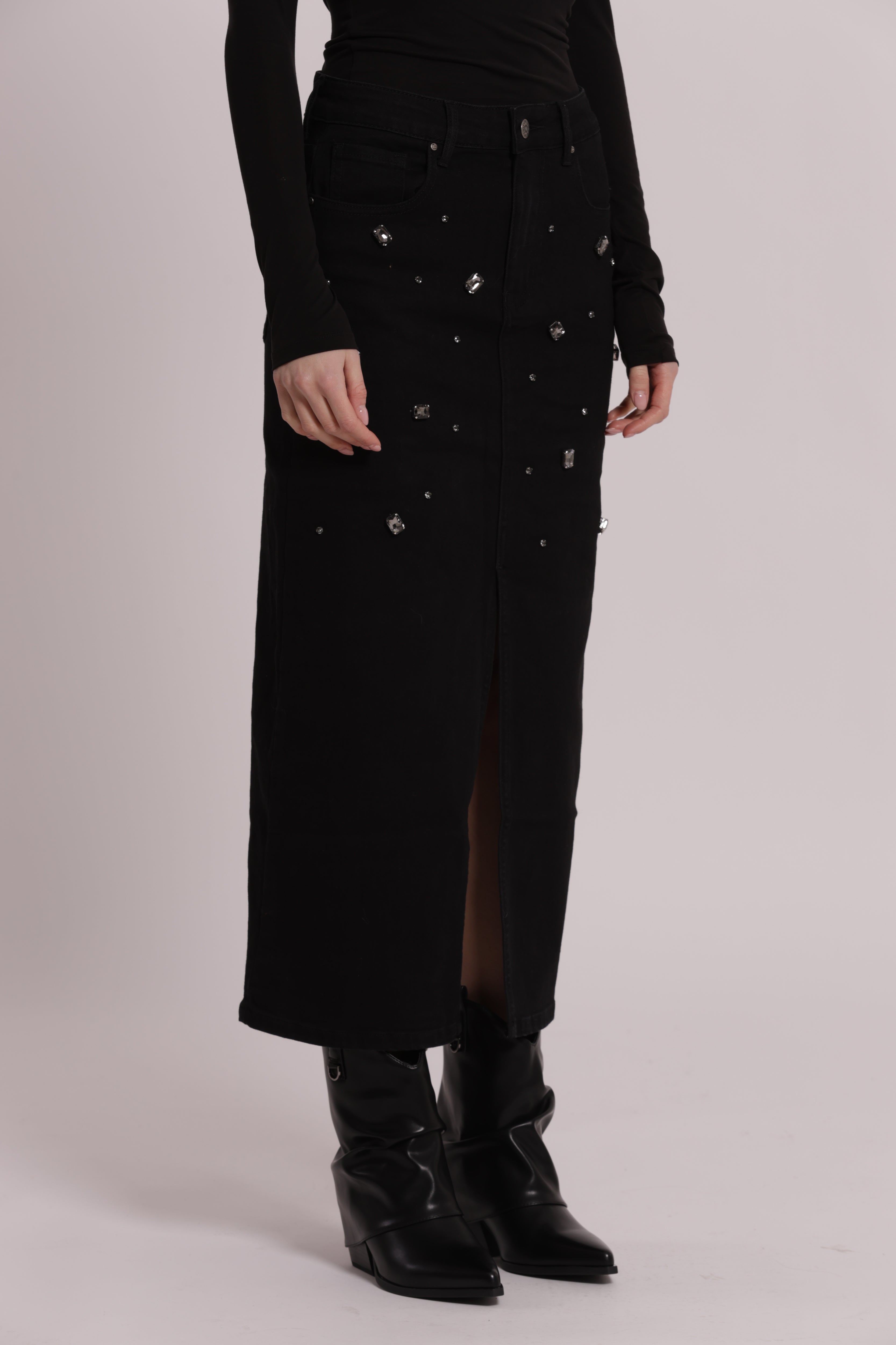 Mimi Mua gonna jeans castoni gioiello nera denim