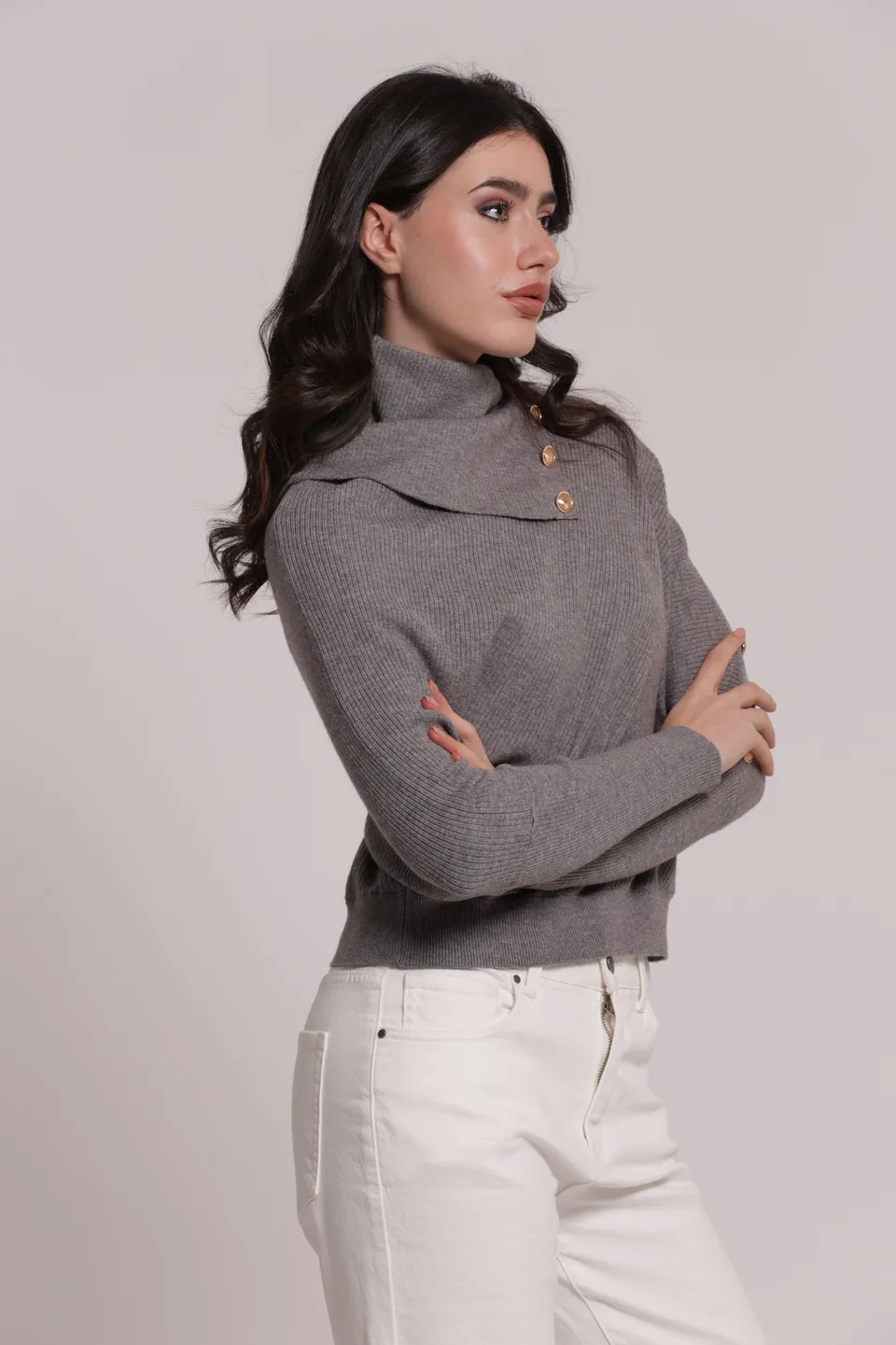 Mimi Mua Maglia Collo Alto Maglione Nero Bottoni