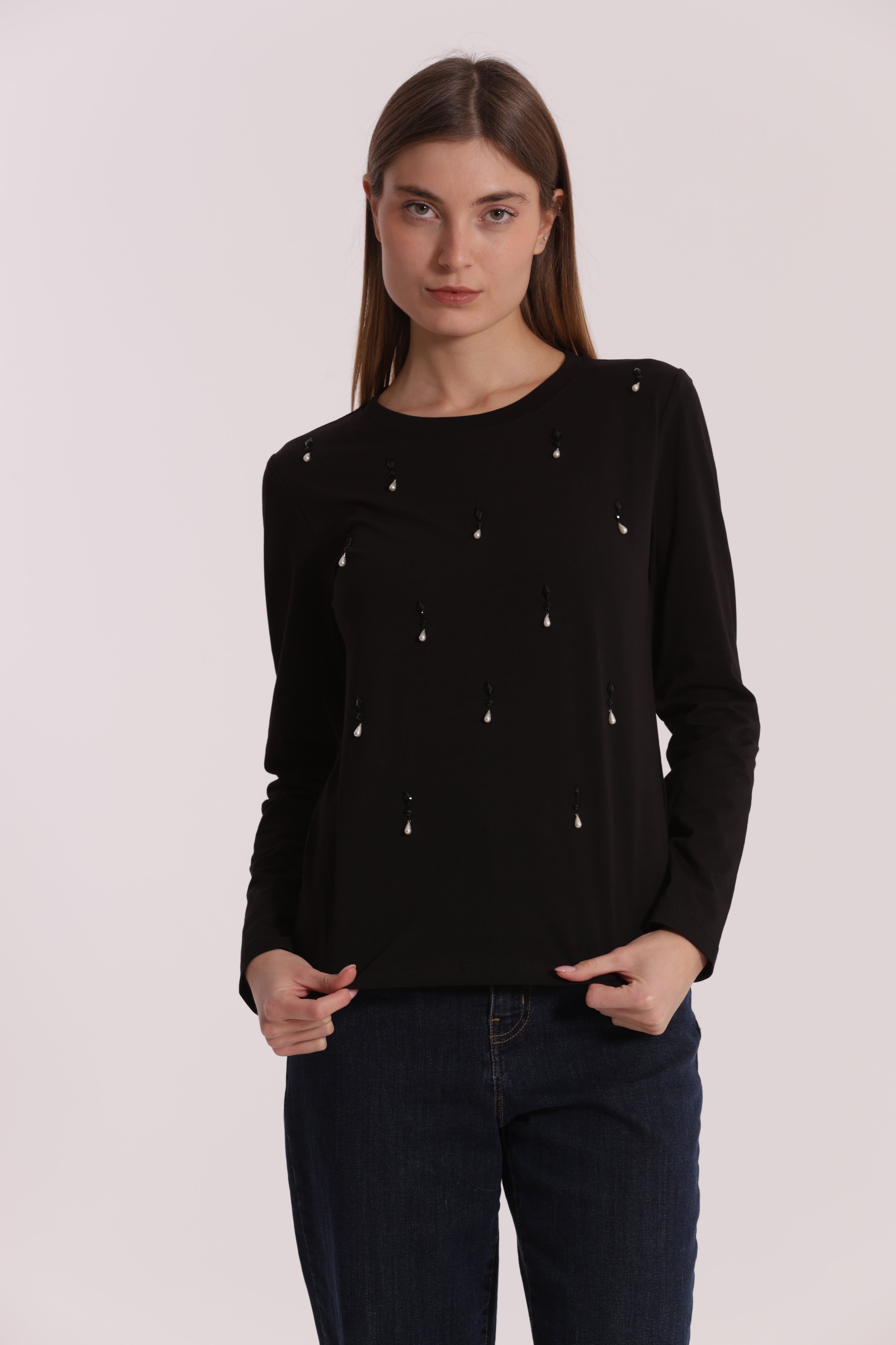 Mimi Mua Pioggia di Perle T-shirt Cotone Nero