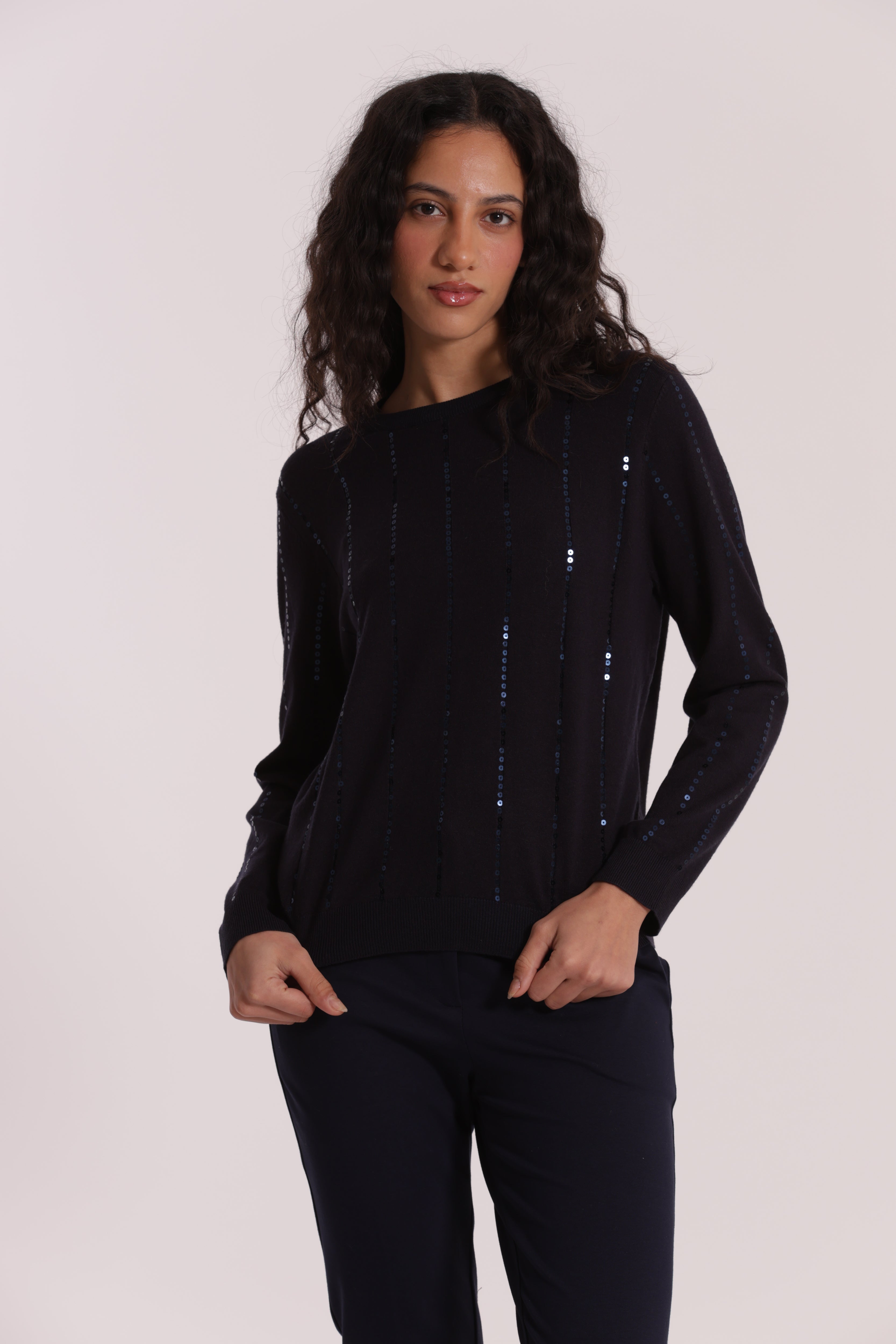 Mimi Mua Maglia Scollo Tondo Paillettes Nero