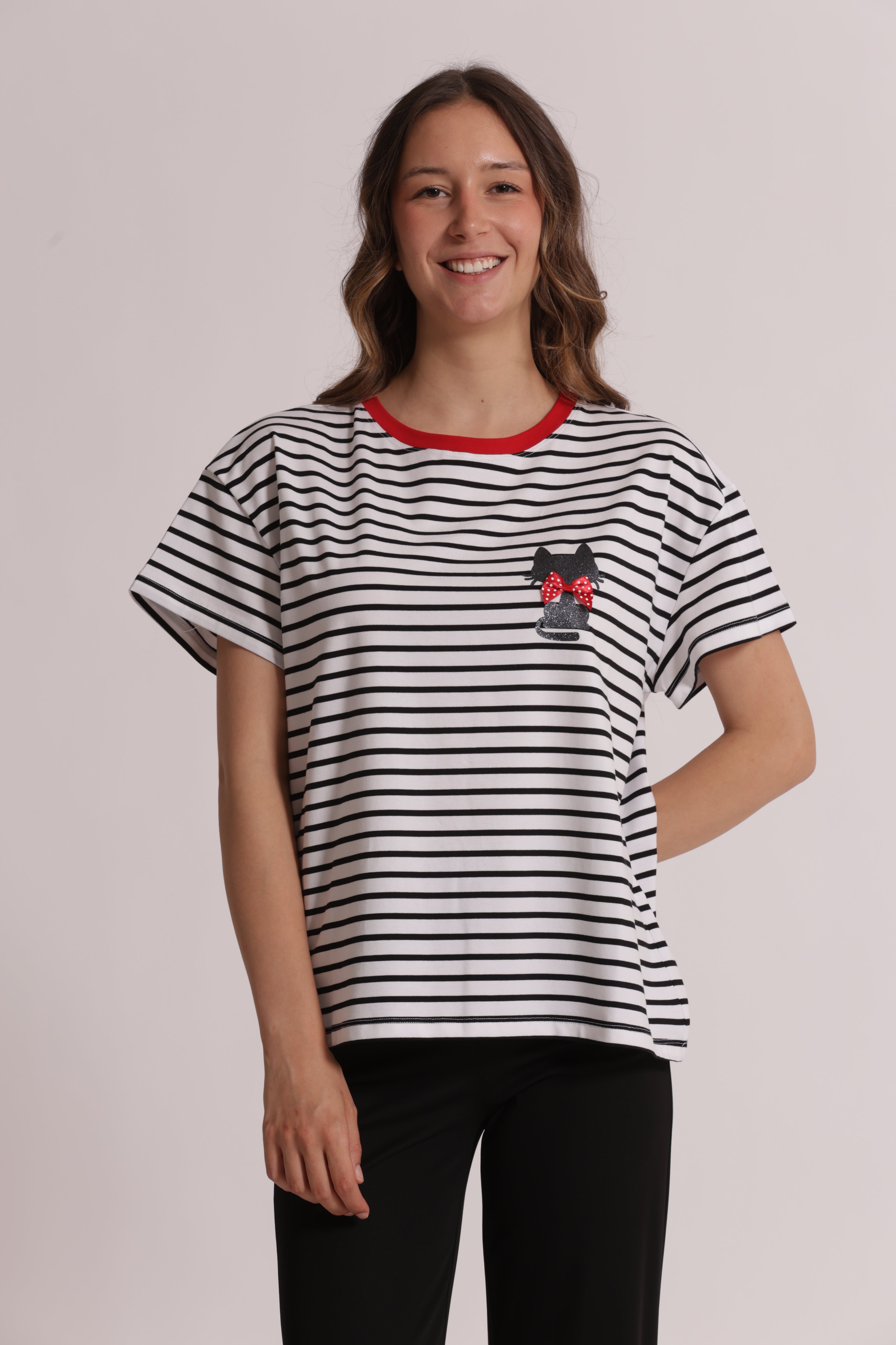Mimi Mua t-shirt righe stampa gatto nero