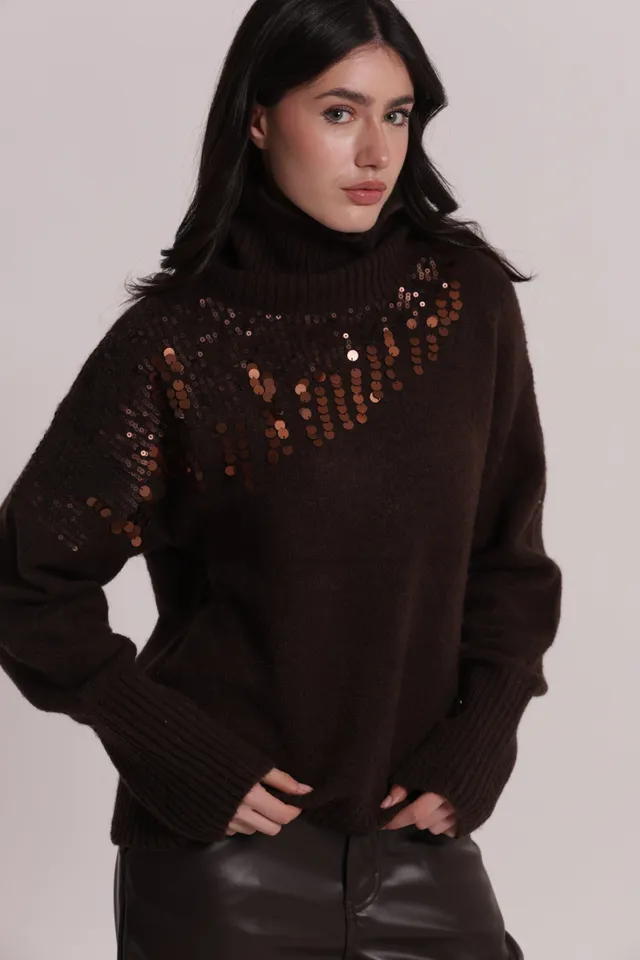 Mimi Mua Cascate Paillettes Maglia Collo Alto Nera