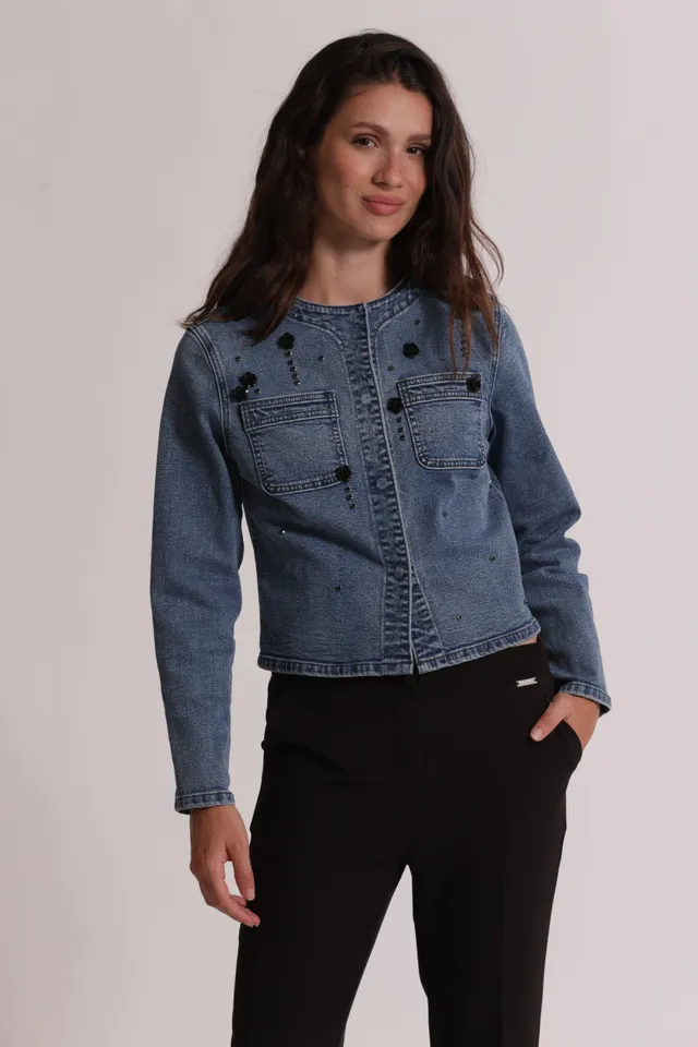 Mimi Mua Giacca Cropped in Denim con Applicazioni Floreali Blu Chiaro