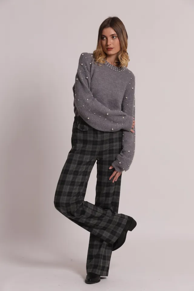 Mimi Mua Pantalone Palazzo Check Pantaloni Grigio Elastico Dietro