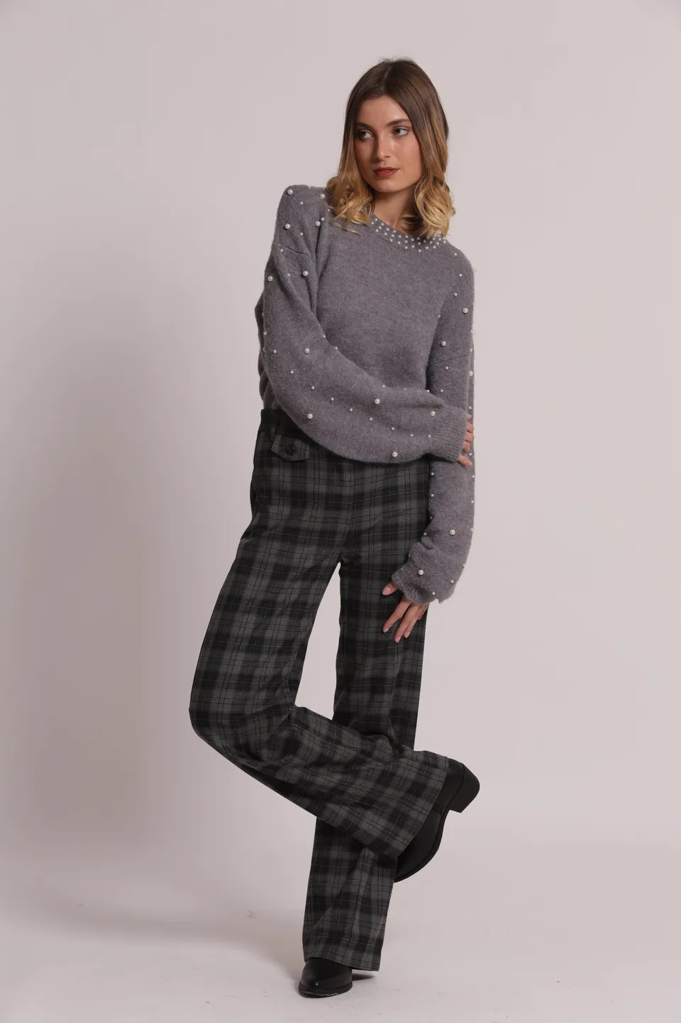 Mimi Mua Pantalone Palazzo Check Pantaloni Grigio Elastico Dietro