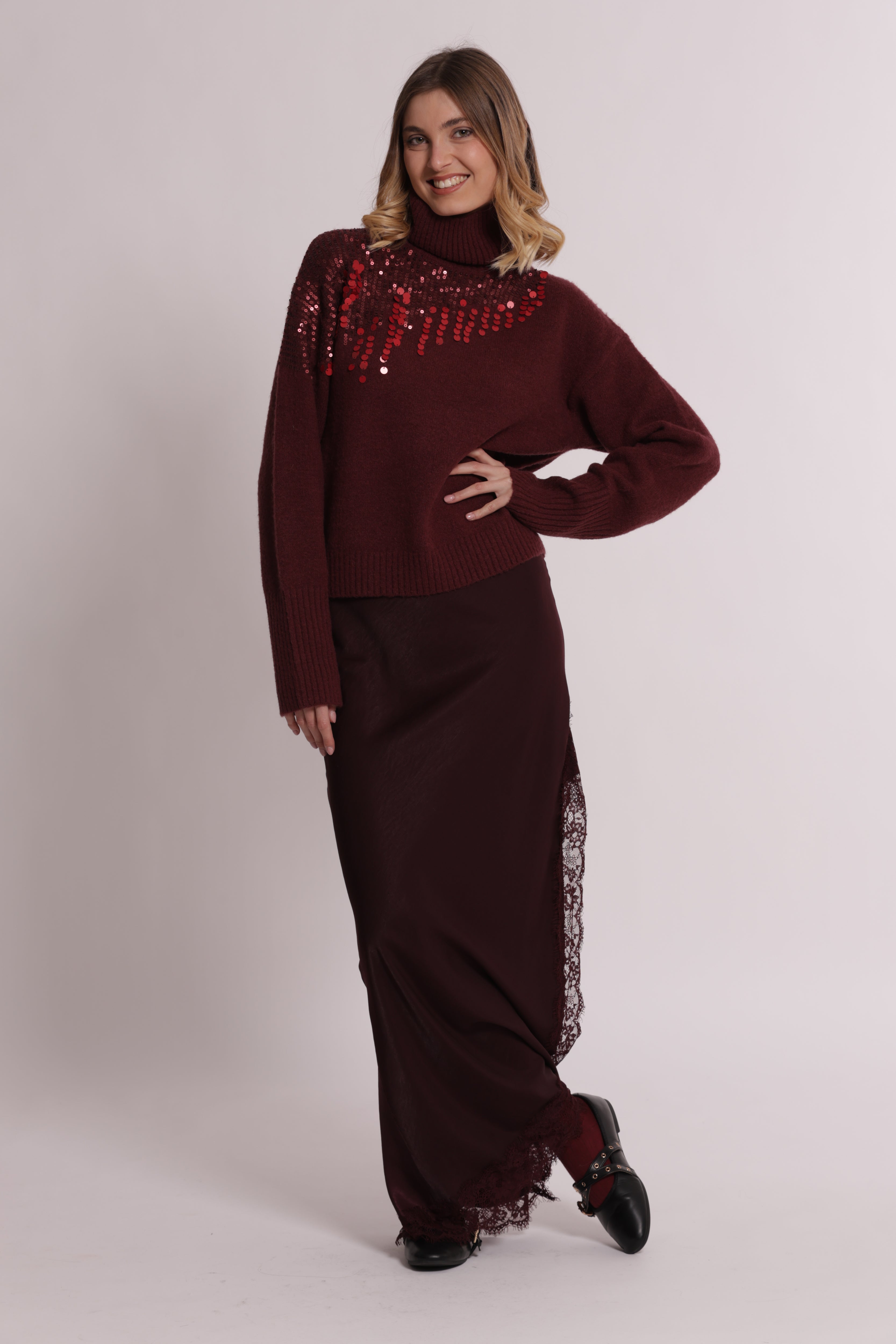 Mimi Mua Gonna Midi Spacco Pizzo gonna viscosa prugna
