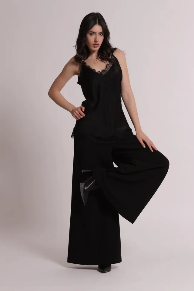 Mimi Mua Palazzo pantalone scuba crepe nero con cinturino