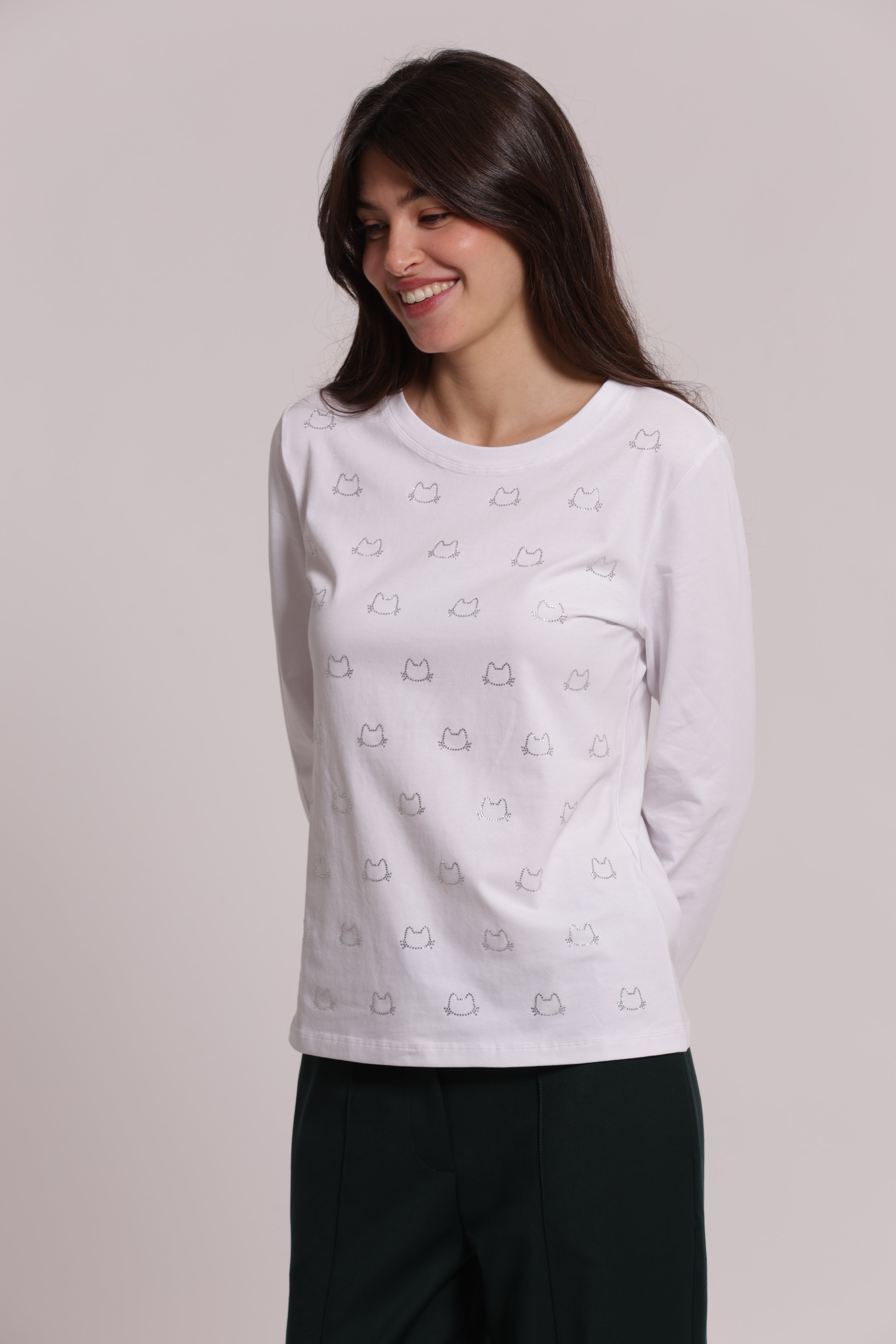 Mimi Mua T-shirt Scollo V Gatti Strass Maniche Lunghe