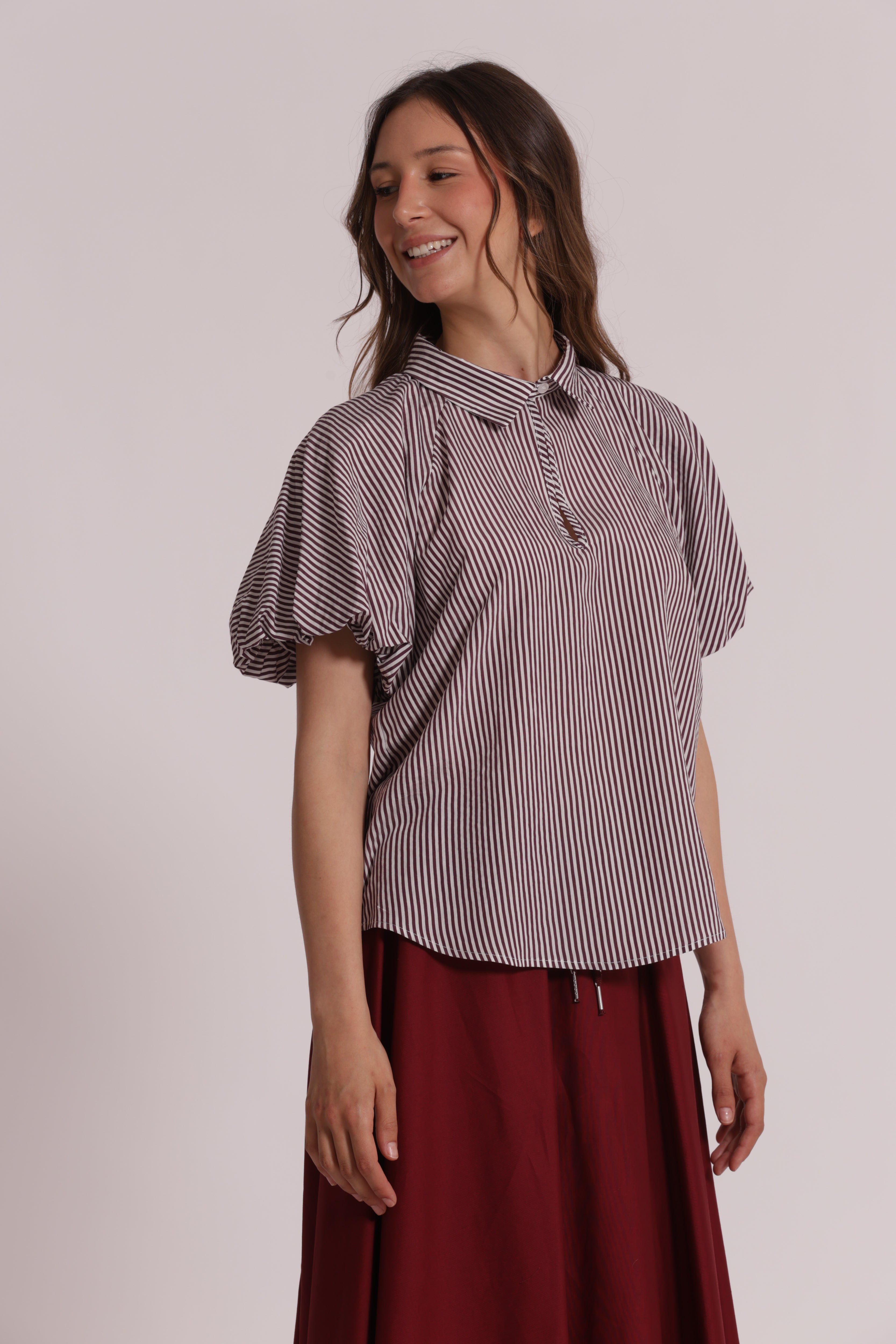 Mimi Mua Blusa Maniche Palloncino a Righe Beige Latte
