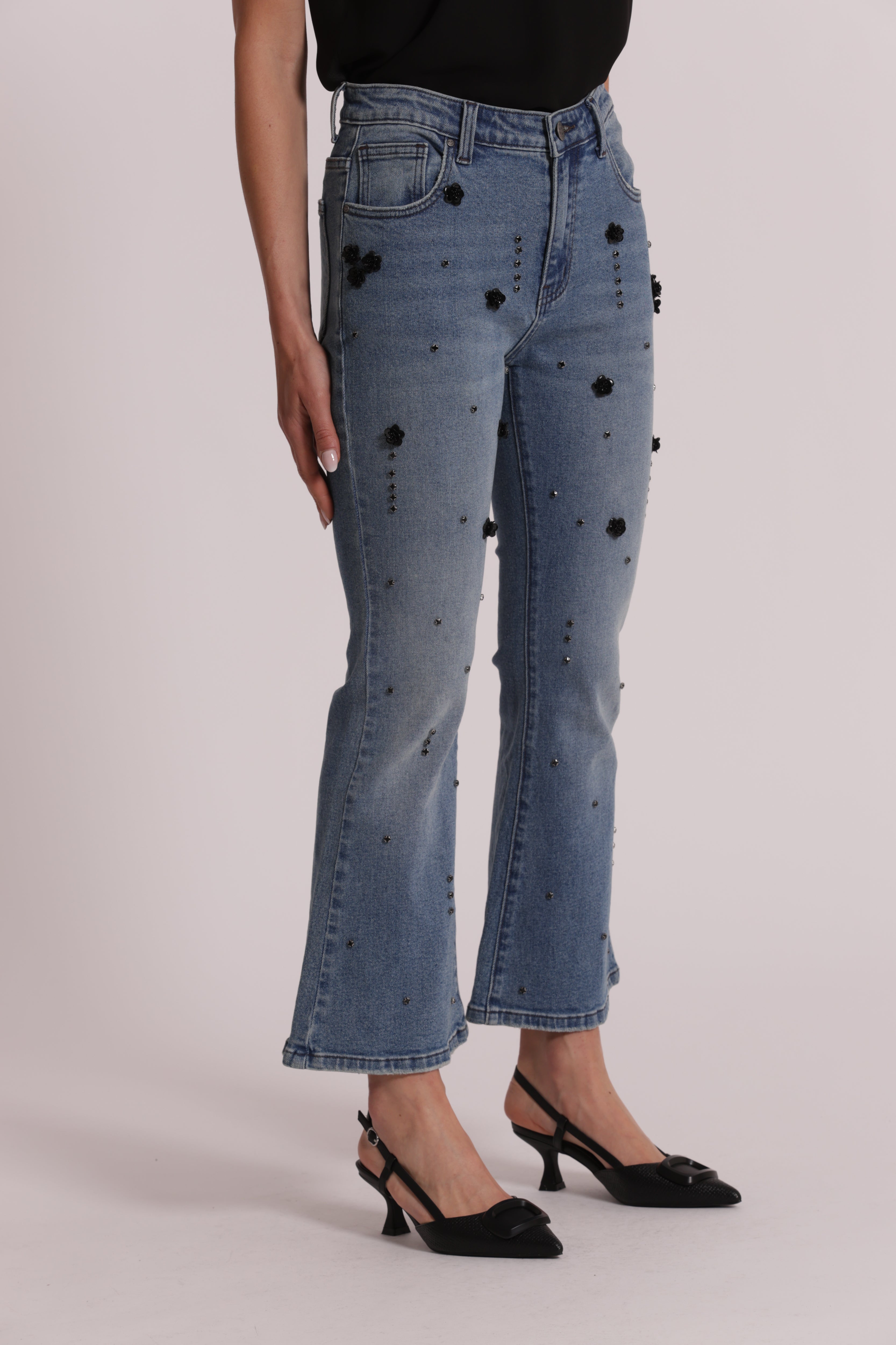 Mimi Mua Flare con Applicazioni Floreali Jeans Blu Medio