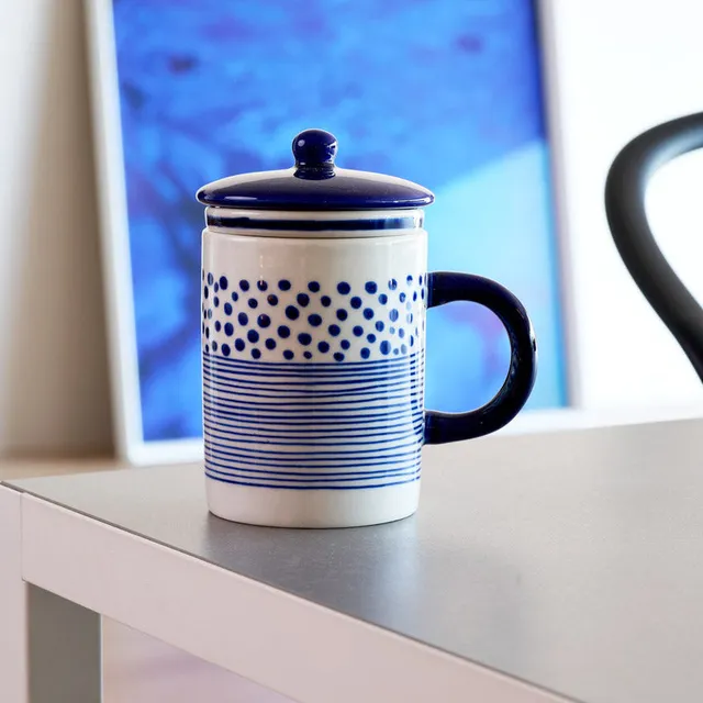 On Earth Cooperative Collection Dot Stripes tisaniera blu ceramica