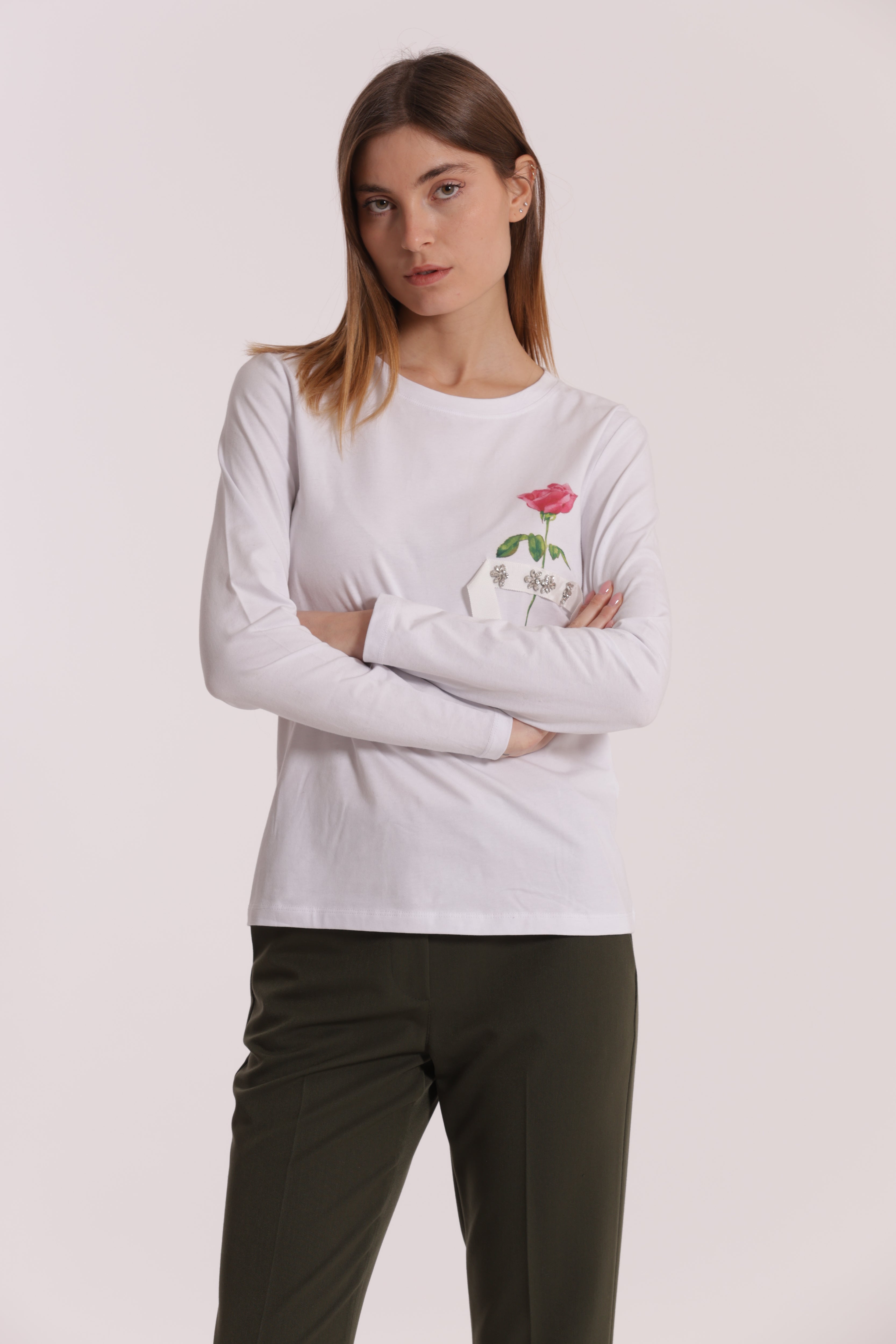 Mimi Mua t-shirt con rosa cotone bianco