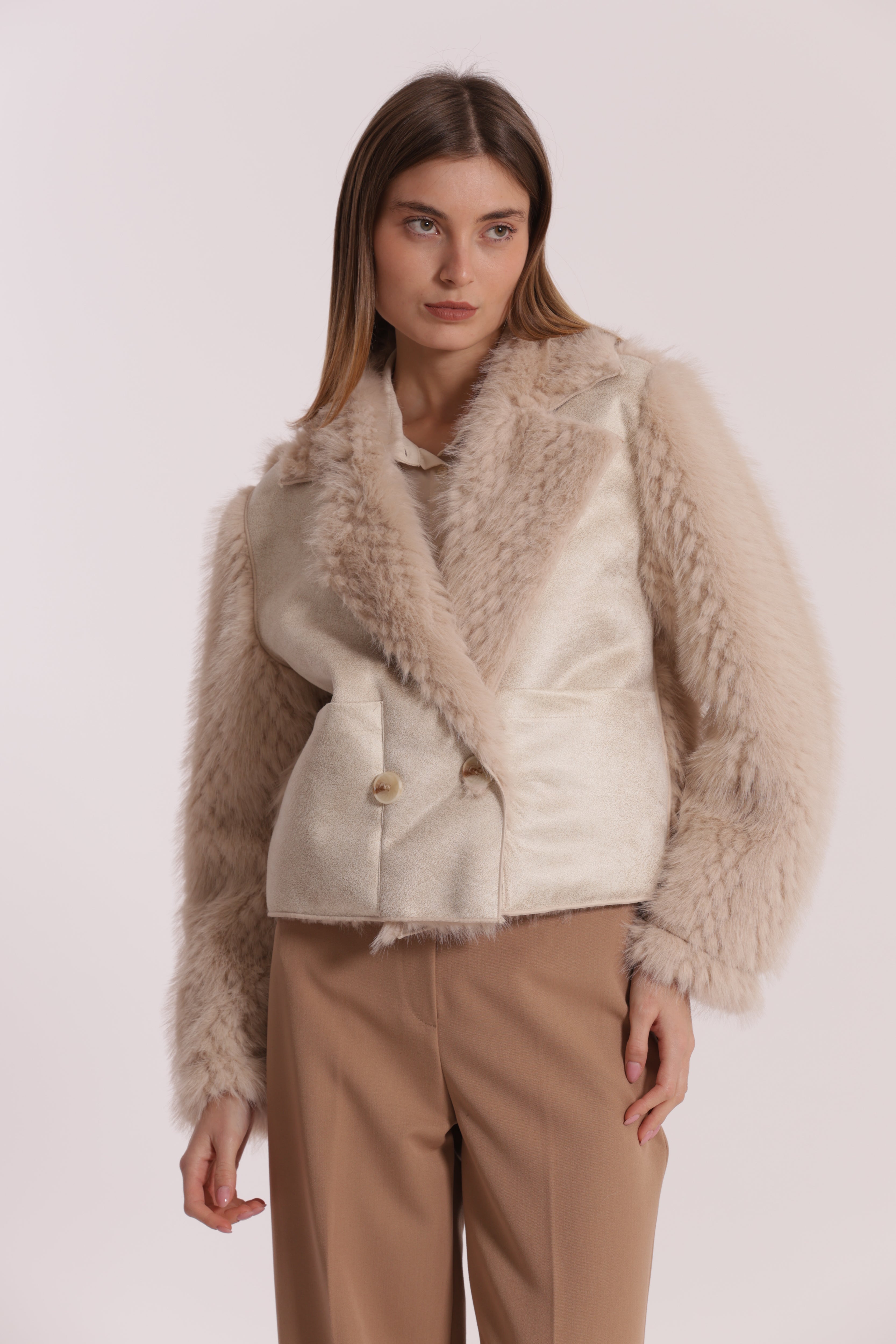 Mimi Mua Giubbotto Cropped Reversibile montone beige