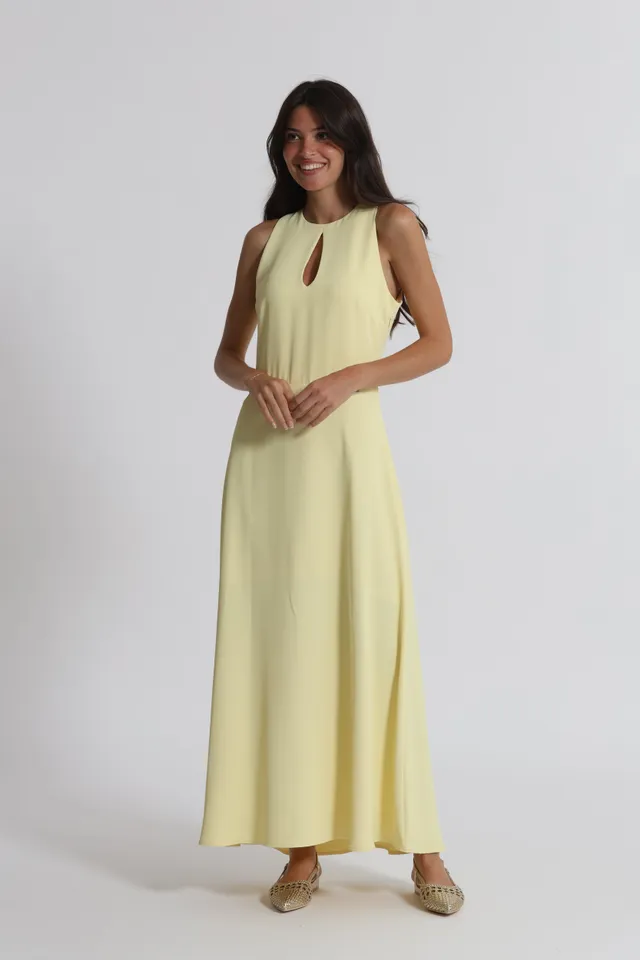 Mimi Mua abito midi scollo goccia giallo chiaro fluido