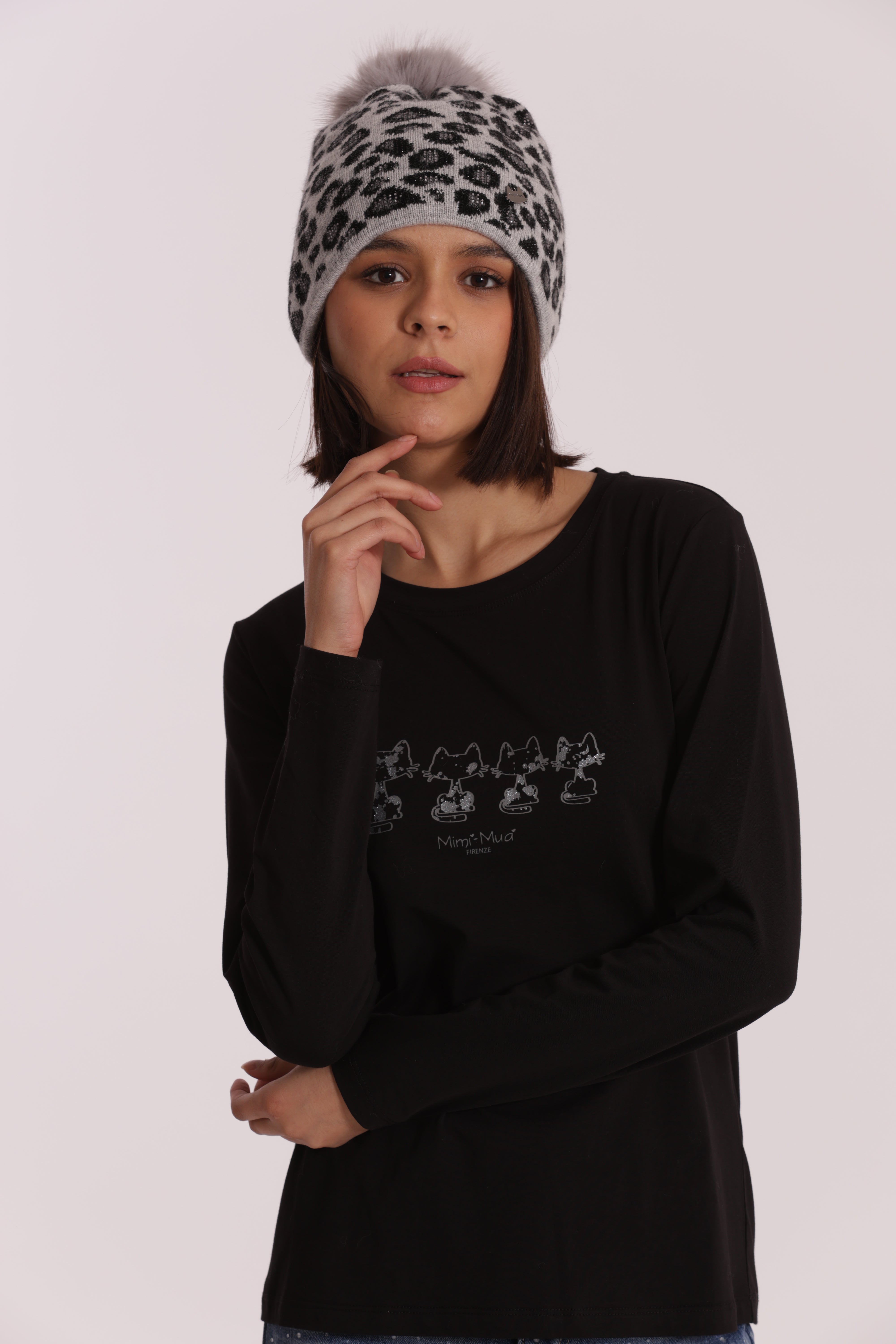 Mimi Mua Berretto Leopardato Strass Pon Pon Nero