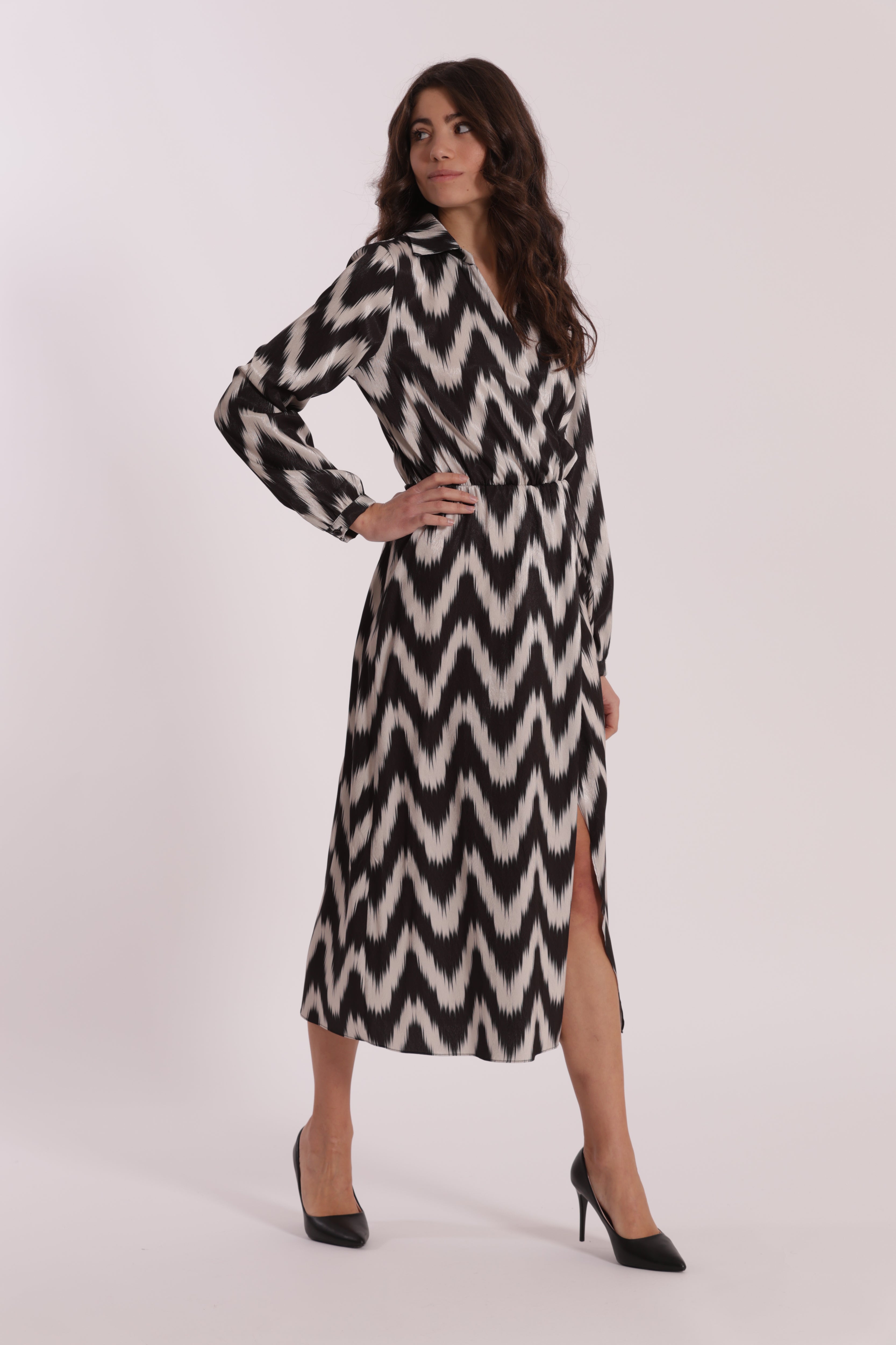 Mimi Mua Fantasia Chevron abito lungo nero/bianco elasticizzato
