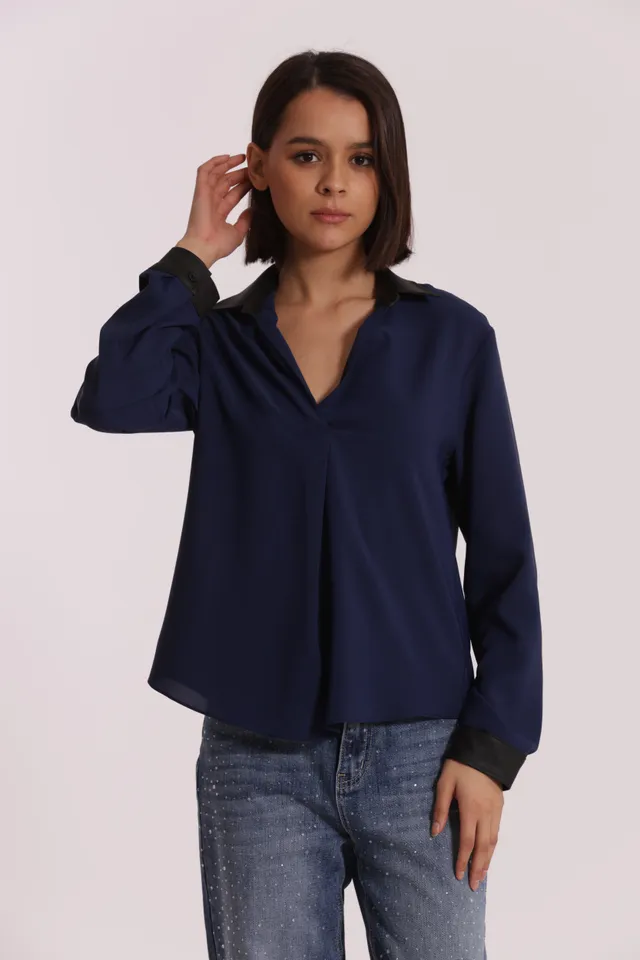 Mimi Mua Blusa Colletto Simil Pelle Nero