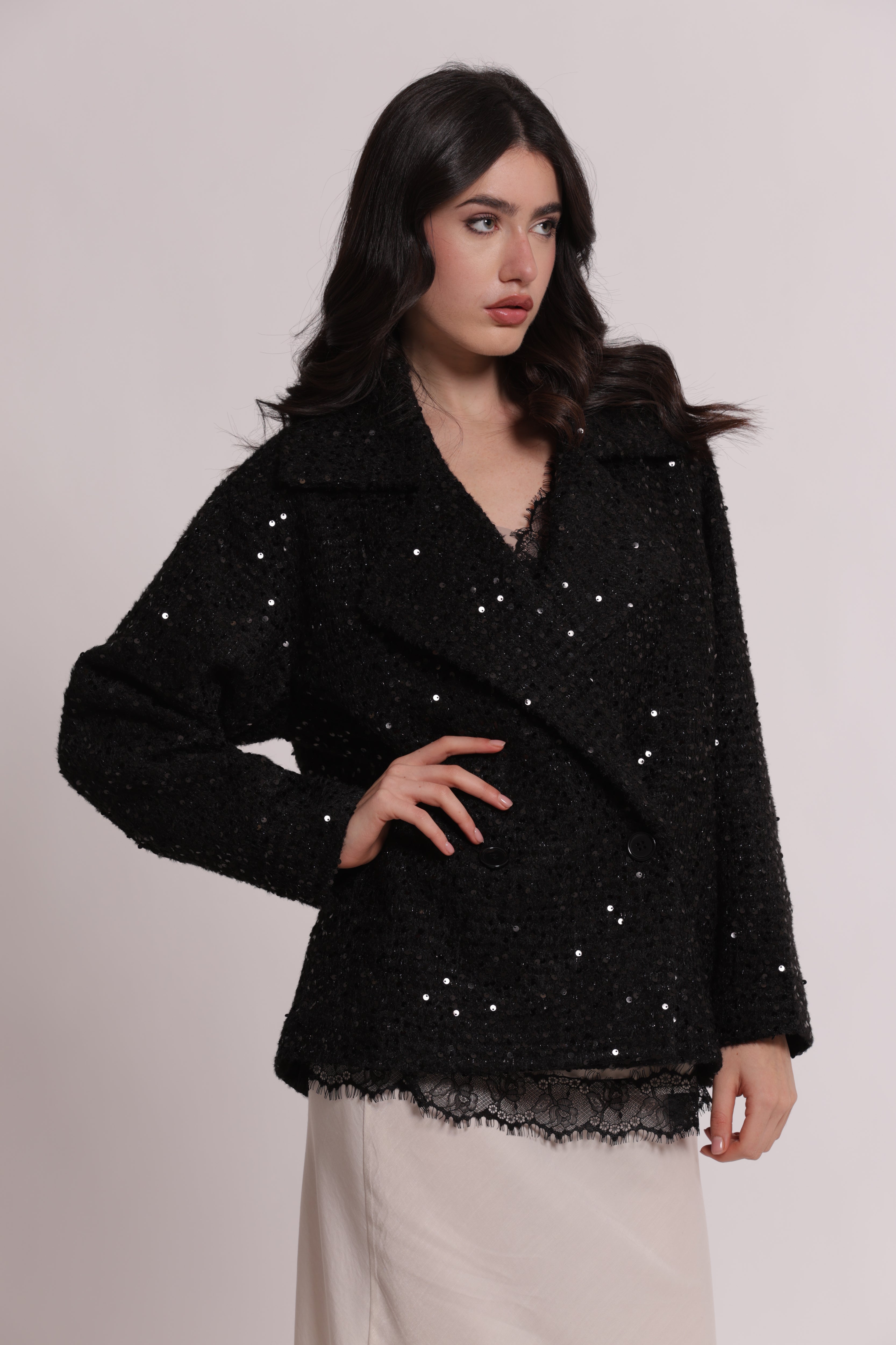 Mimi Mua Giaccone Corto Paillettes Nero Elegante