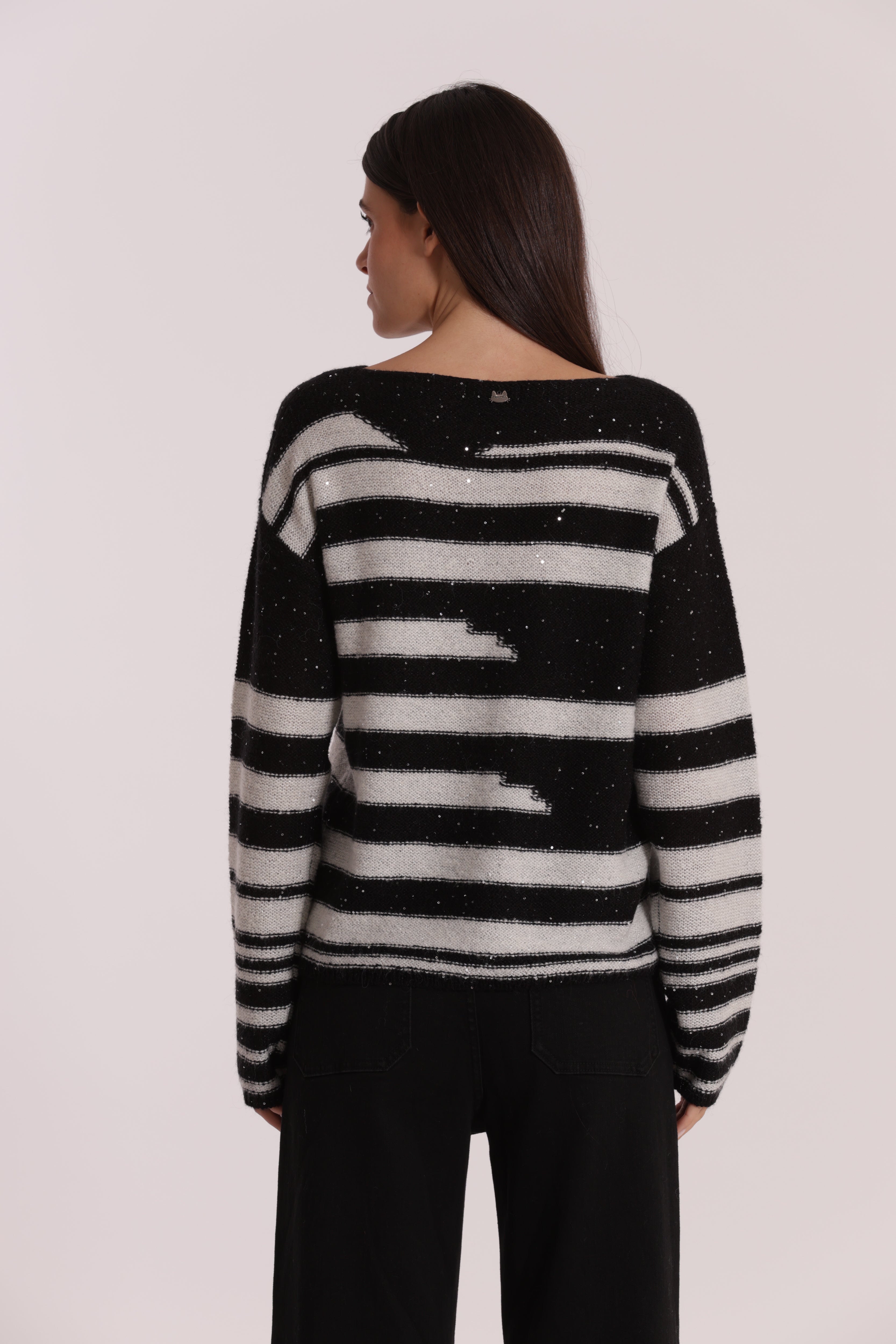 Mimi Mua Maglia a Righe e Paillettes Nero Bianco