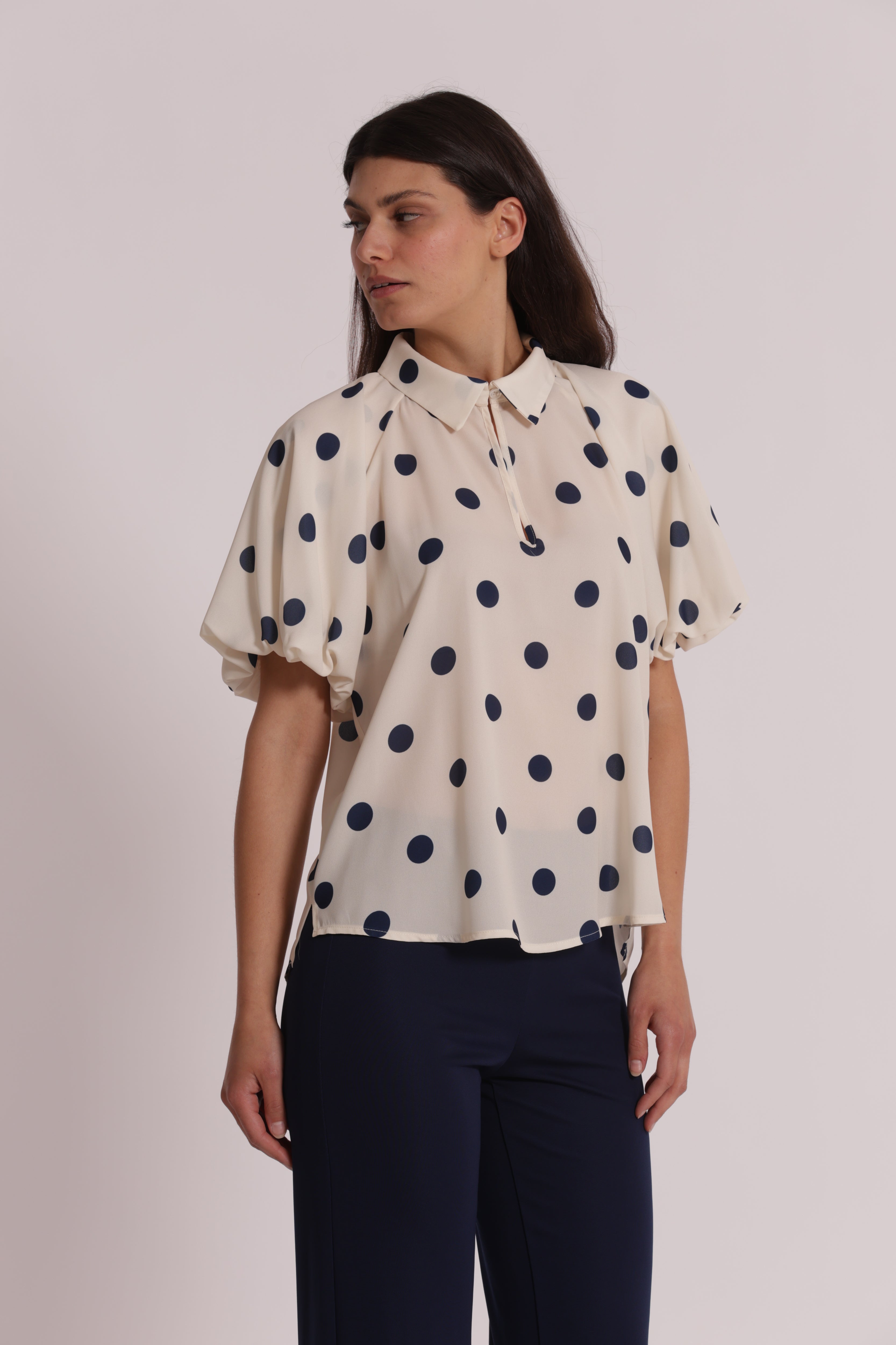 Mimi Mua Blusa Maniche Palloncino Pois Blu Panna