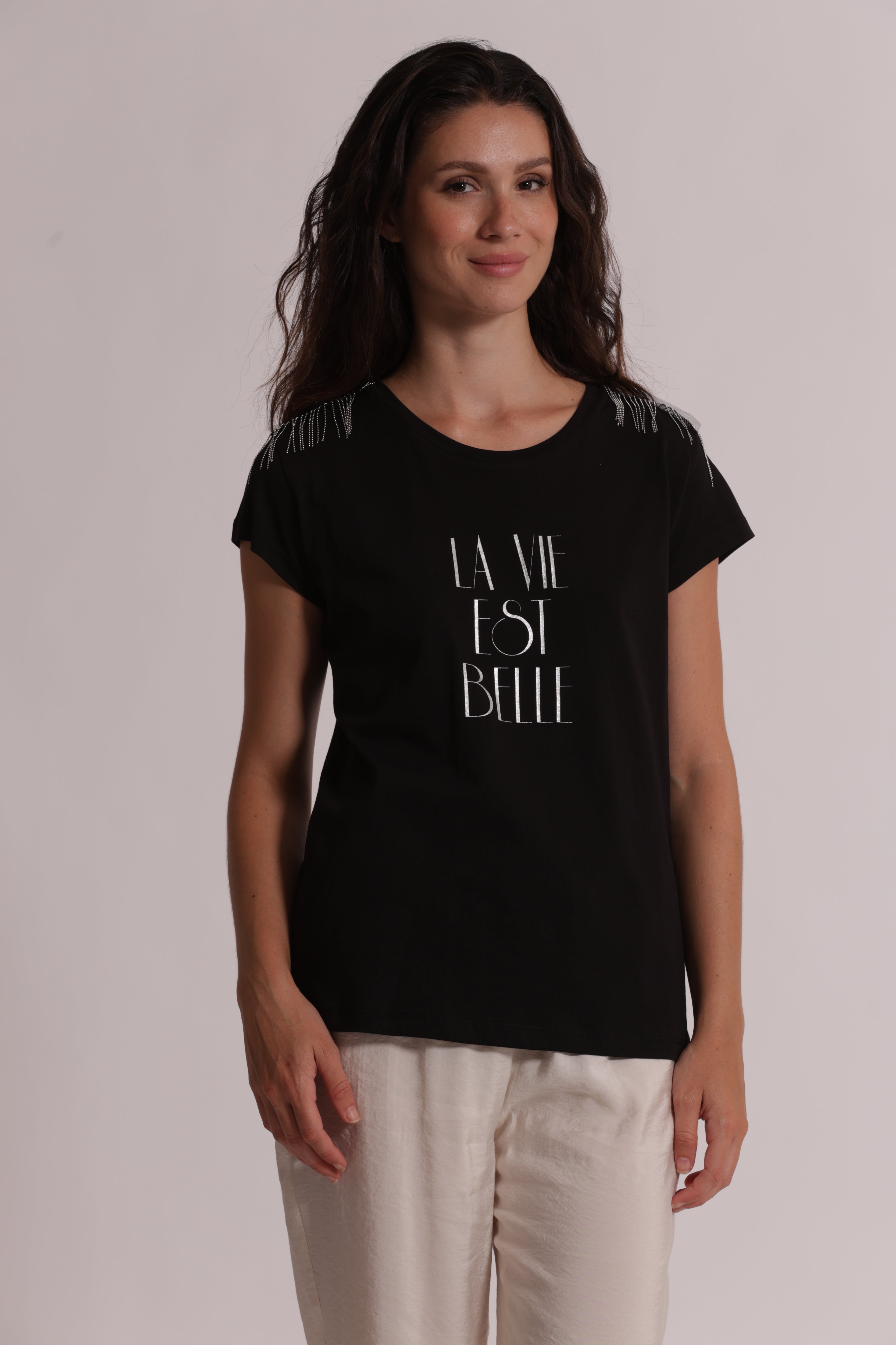 Mimi Mua T-Shirt La Vie Est Belle Frange Bianca Cotone