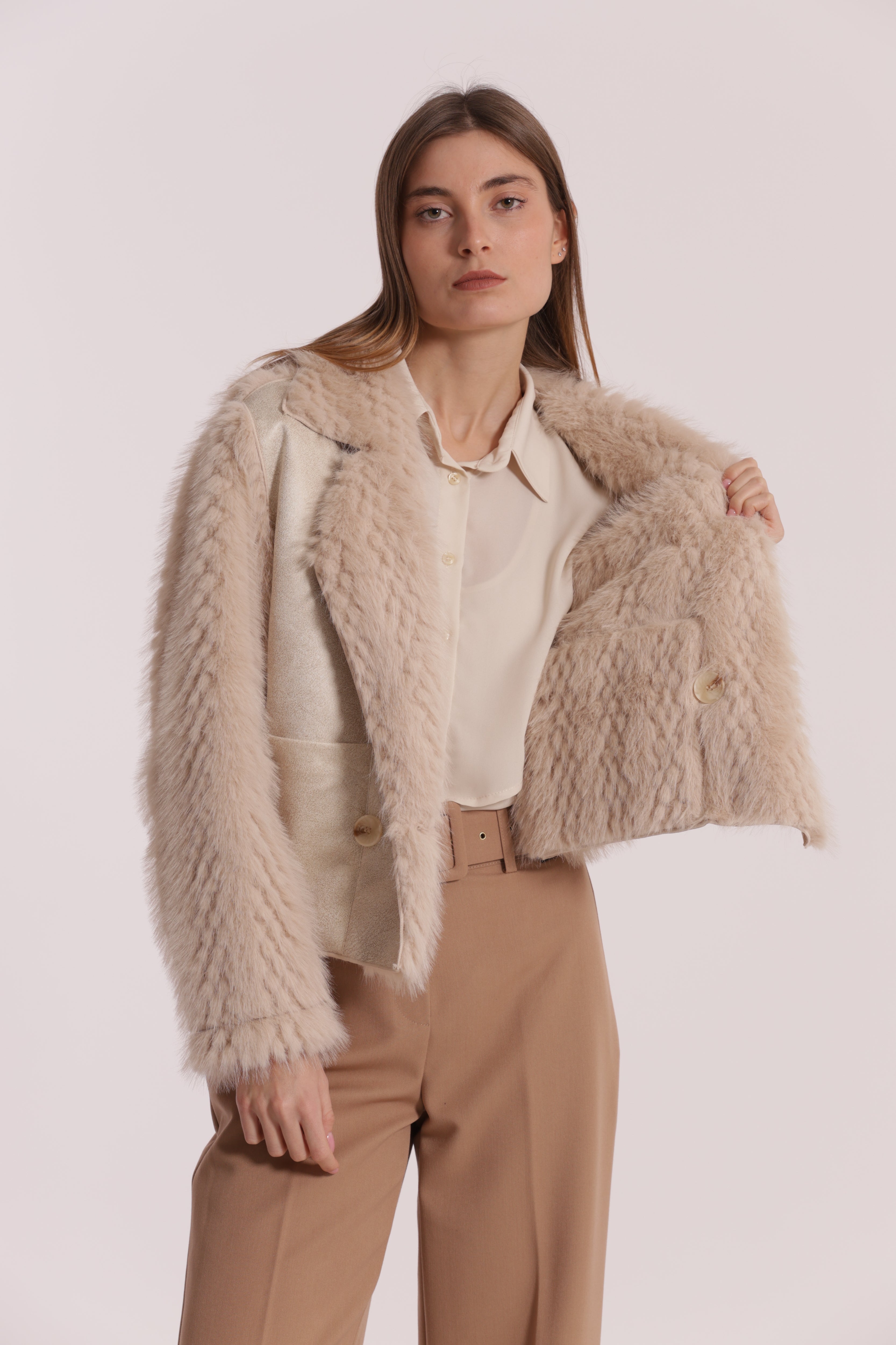 Mimi Mua Giubbotto Cropped Reversibile montone beige