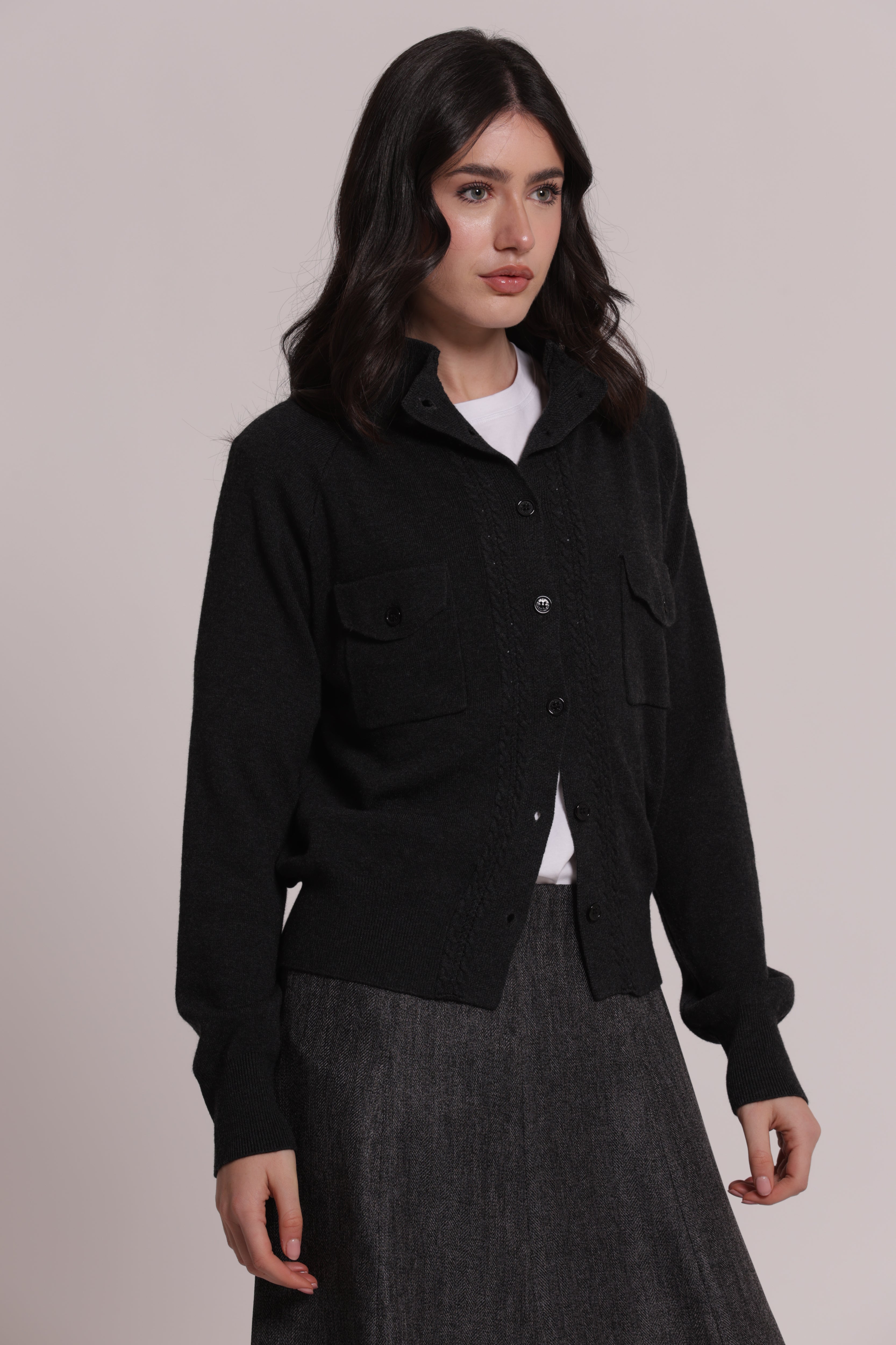 Mimi Mua Cardigan Lupetto con Tasche Maglia Nera
