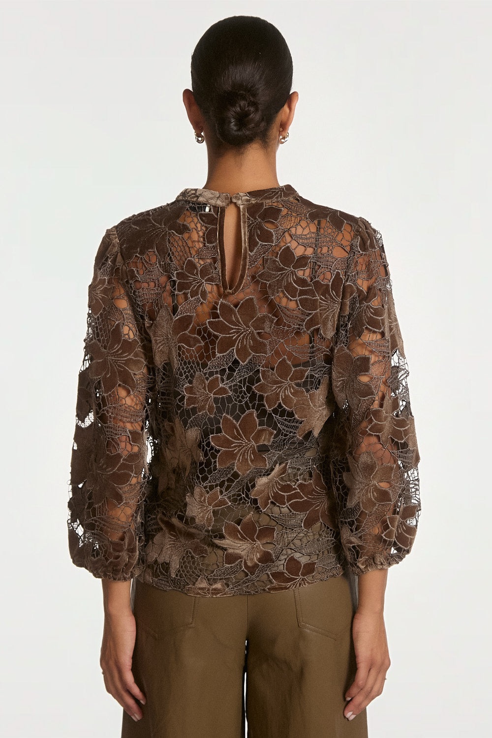 Aaiko Shaila top velluto marrone fudge pizzo floreale