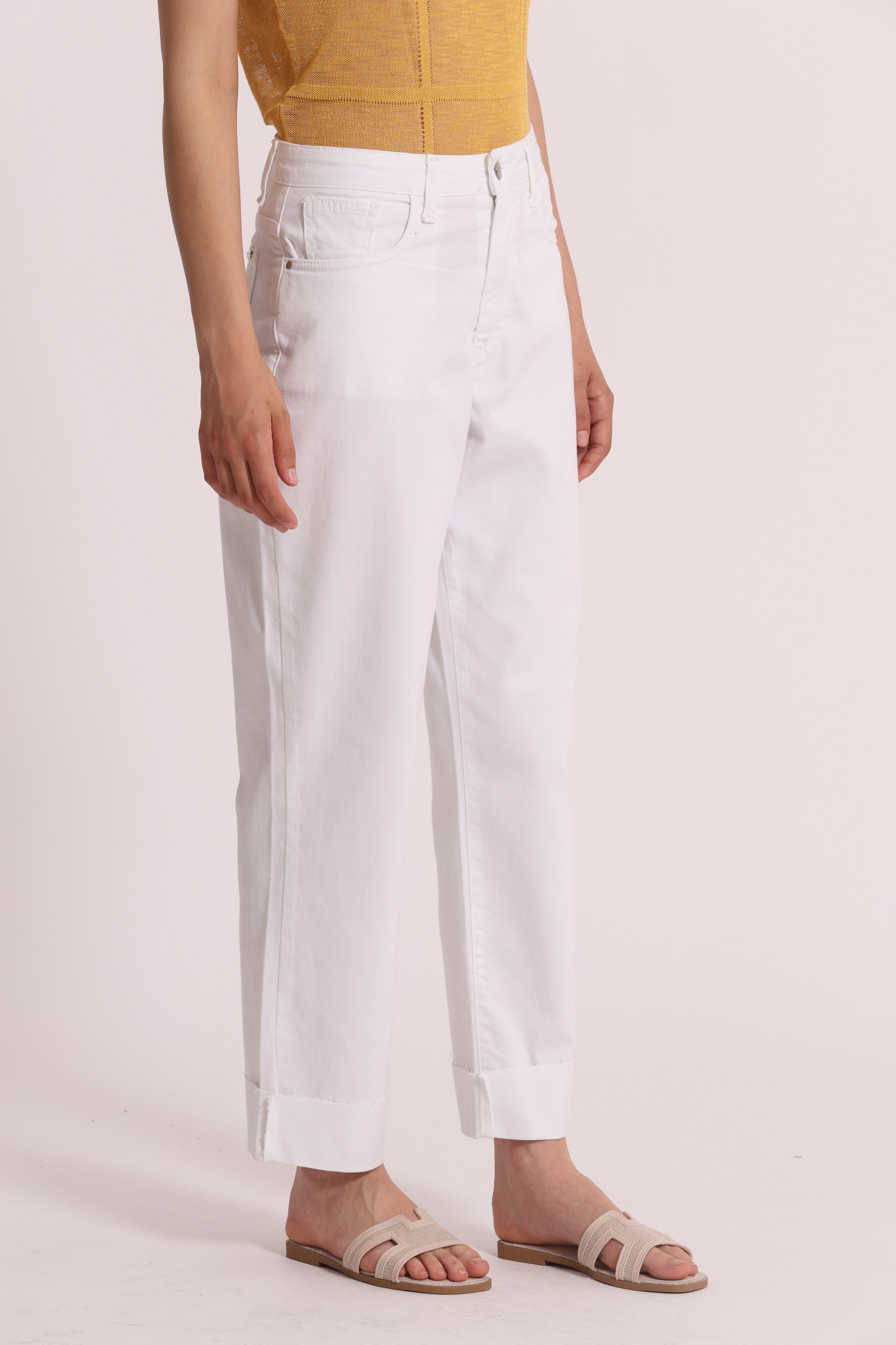 Mimi Mua Jeans Cropped con Risvolto Bianco